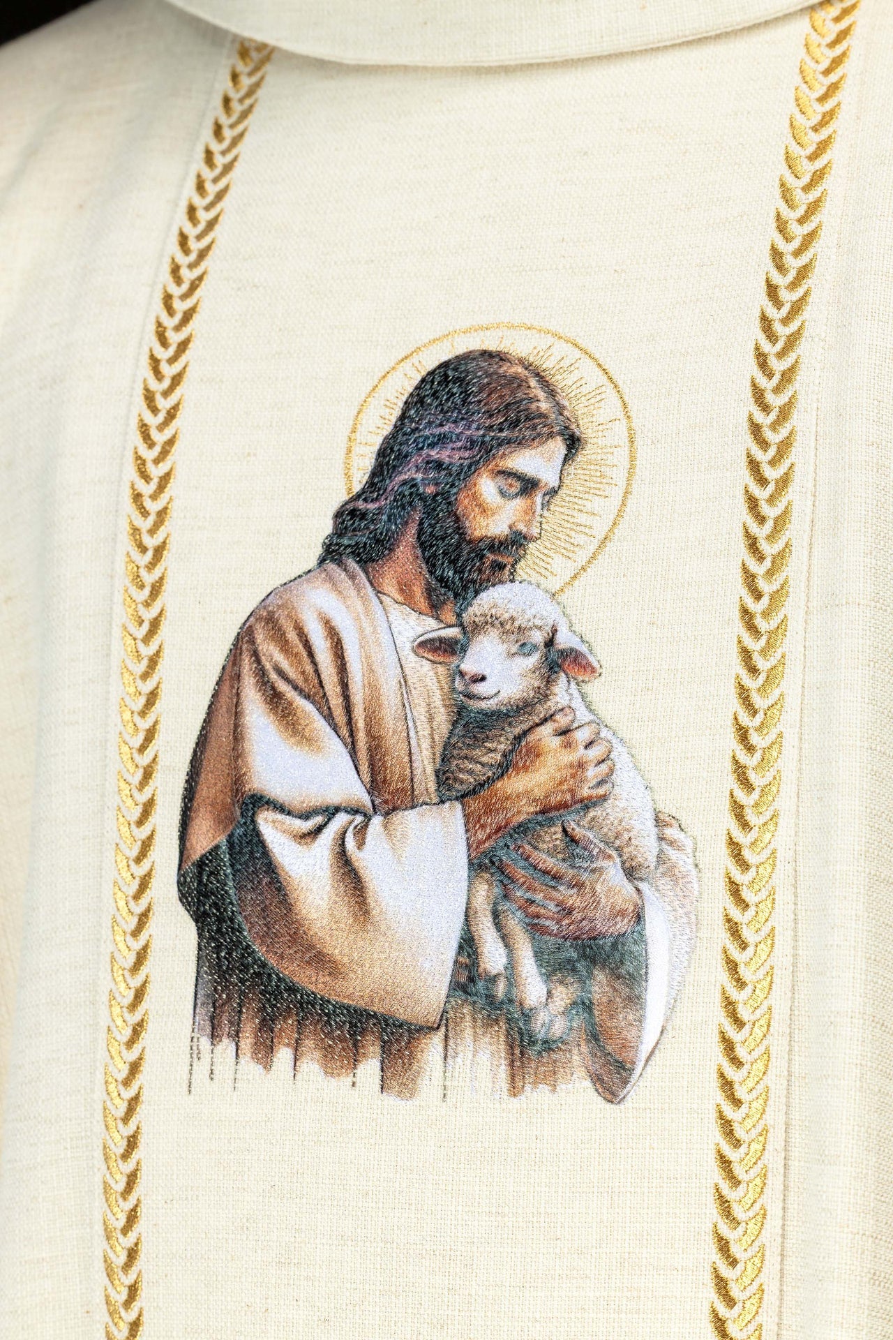 Embroidered chasuble with bands and the image of Jesus the Good Shepherd with a lamb in ecru KOW2/022/05/49 - CHASUBLES.COM