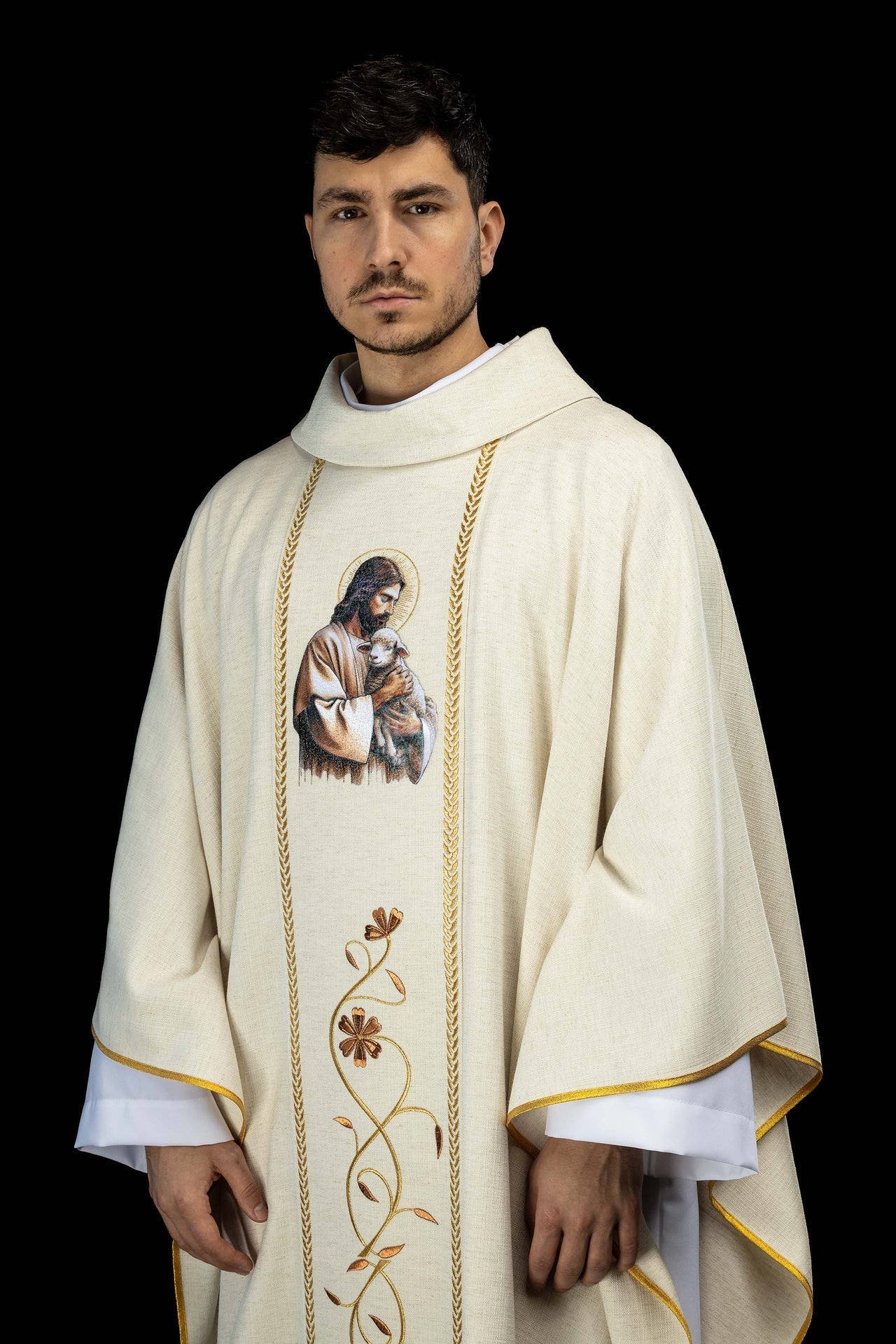 Embroidered chasuble with bands and the image of Jesus the Good Shepherd with a lamb in ecru KOW2/022/05/49 - CHASUBLES.COM