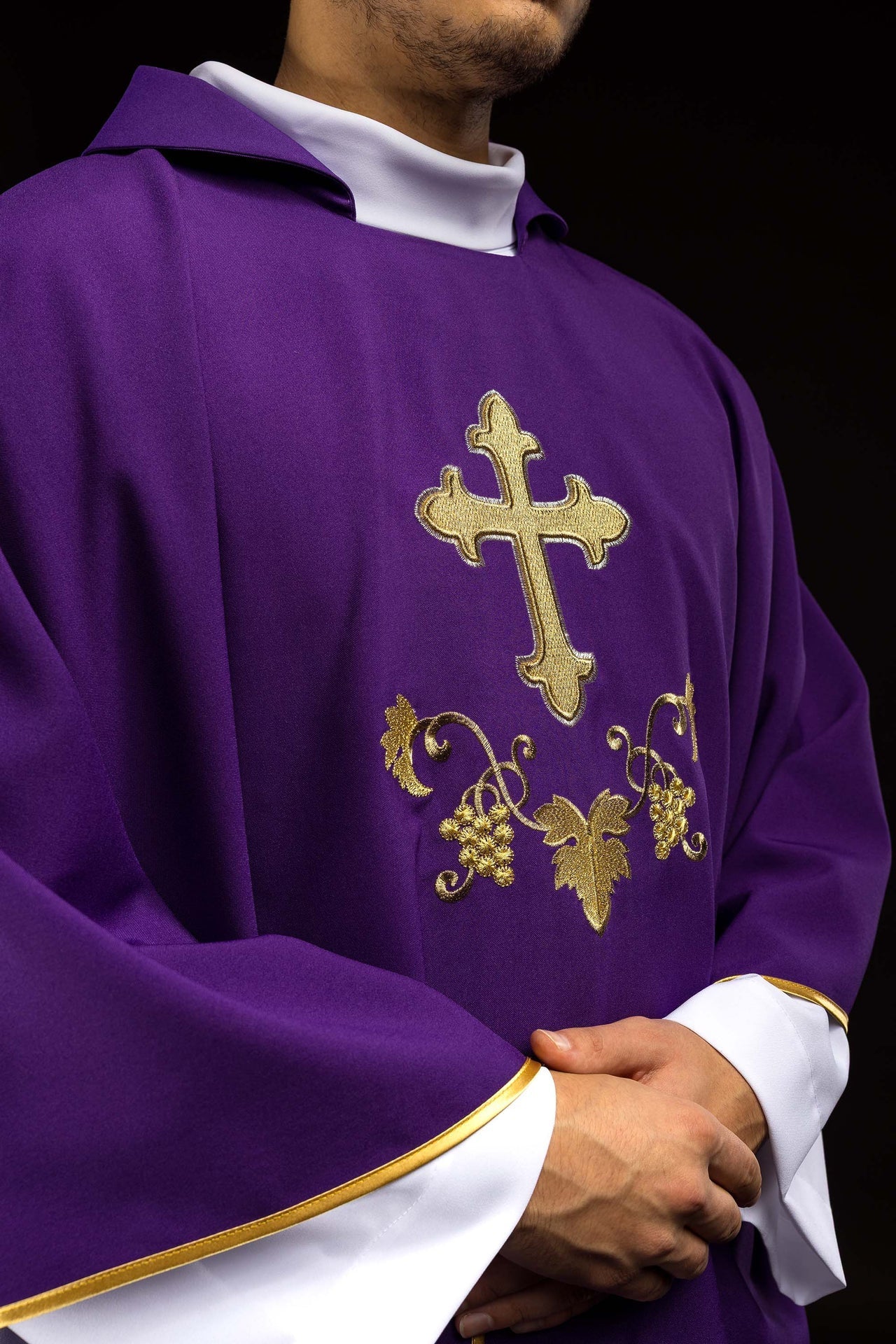 Embroidered chasuble with cross symbol and wide collar purple KOK/001/03/12/KARO - CHASUBLES.COM