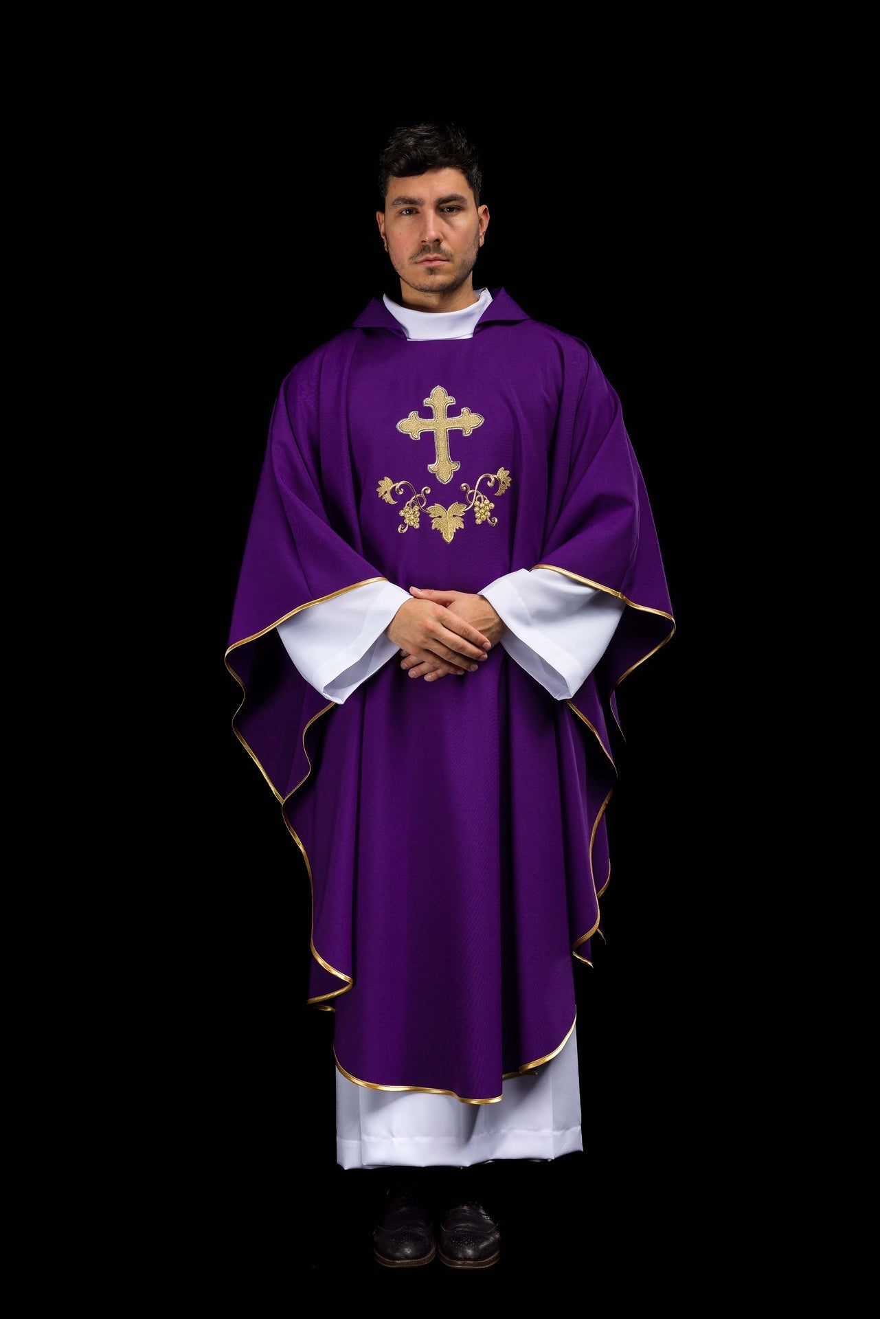 Embroidered chasuble with cross symbol and wide collar purple KOK/001/03/12/KARO - CHASUBLES.COM