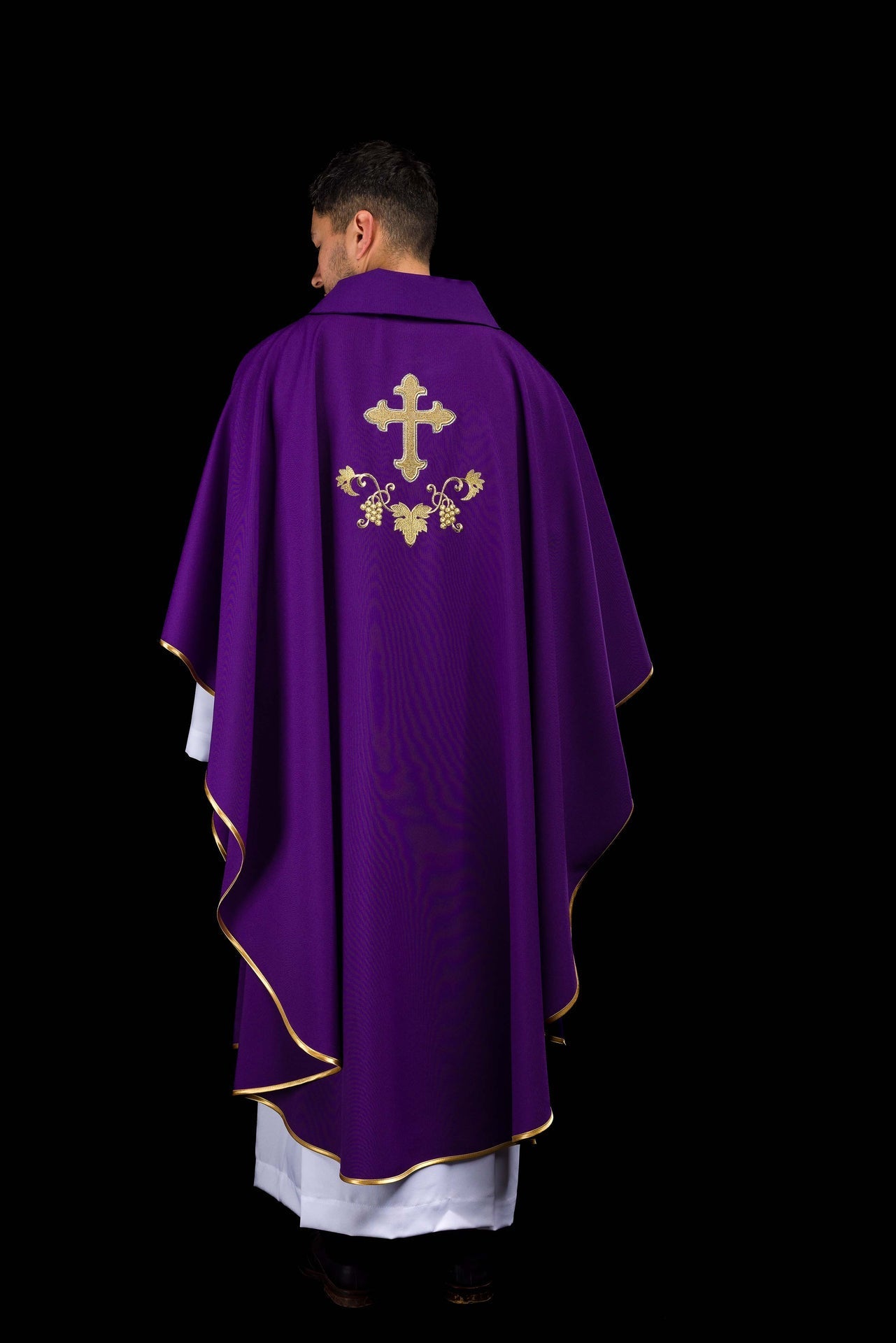Embroidered chasuble with cross symbol and wide collar purple KOK/001/03/12/KARO - CHASUBLES.COM