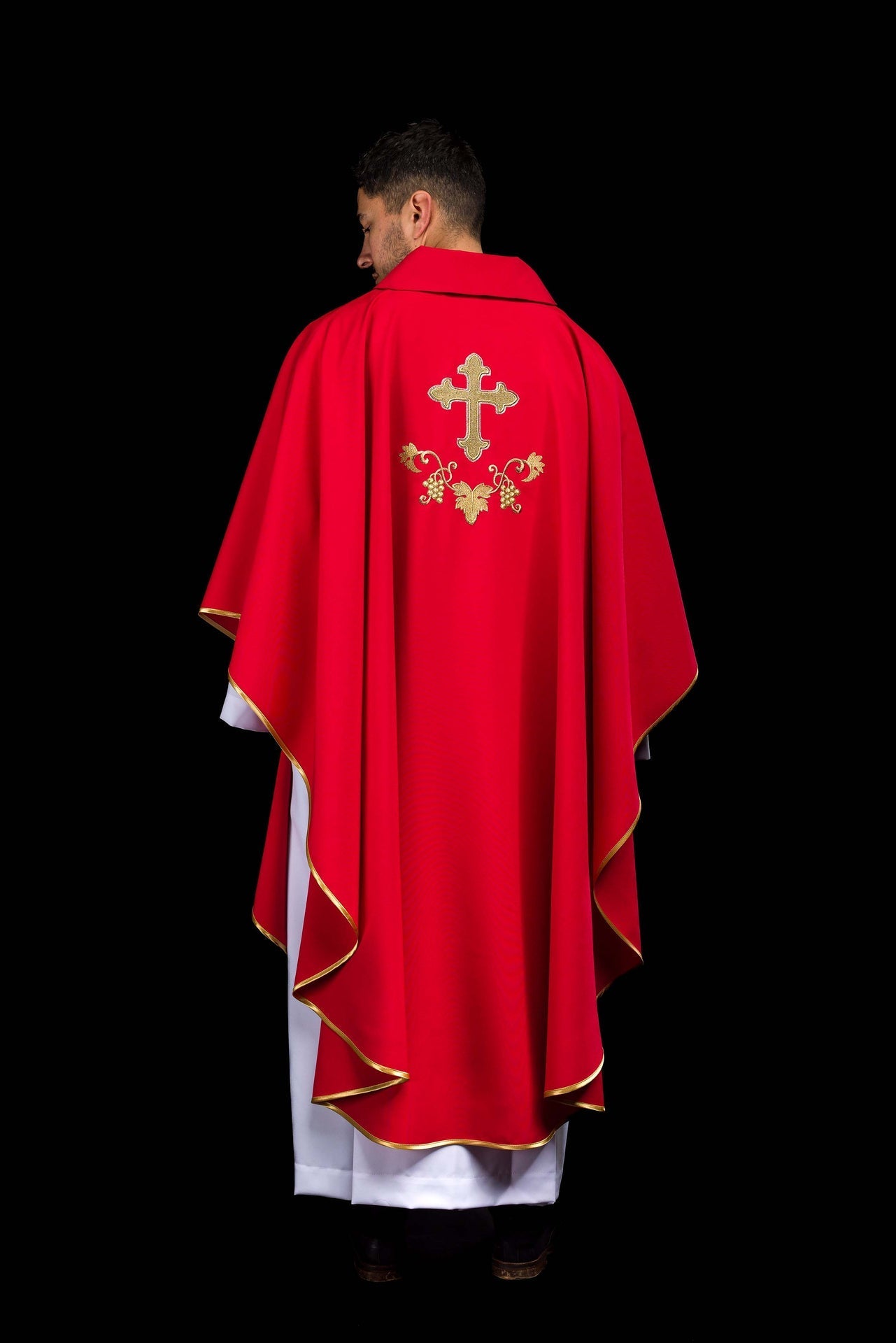 Embroidered chasuble with cross symbol and wide collar red KOK/001/02/12/KARO - CHASUBLES.COM