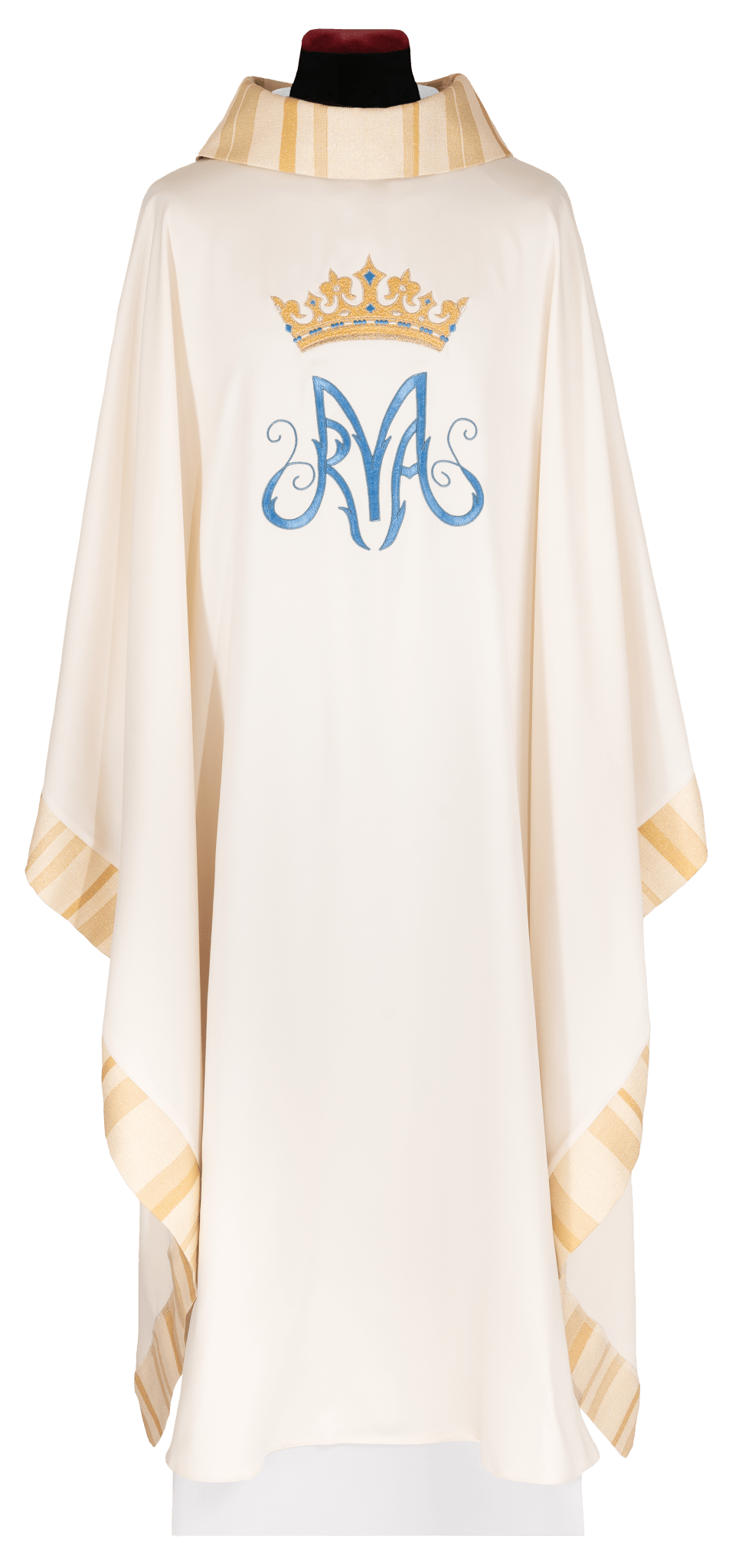 Front view of an embroidered ecru chasuble with Marian motif, blue Marian monogram and gold crown