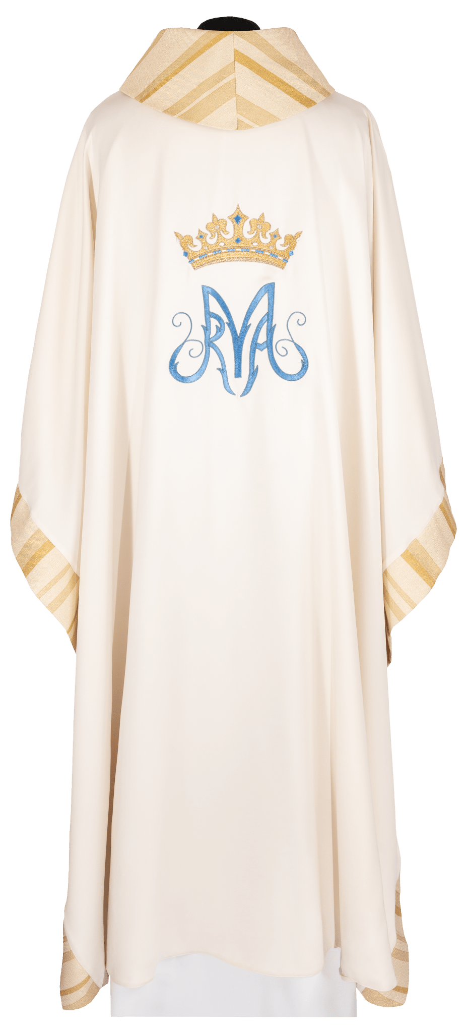 Back view of the ecru chasuble with blue Marian monogram and gold crown embroidery