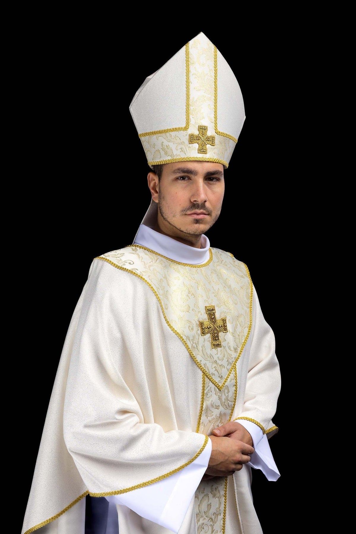 Embroidered Mitre with Cross Adorned with Ecru Jacquard Fabric LE/9075/05-1 - CHASUBLES.COM