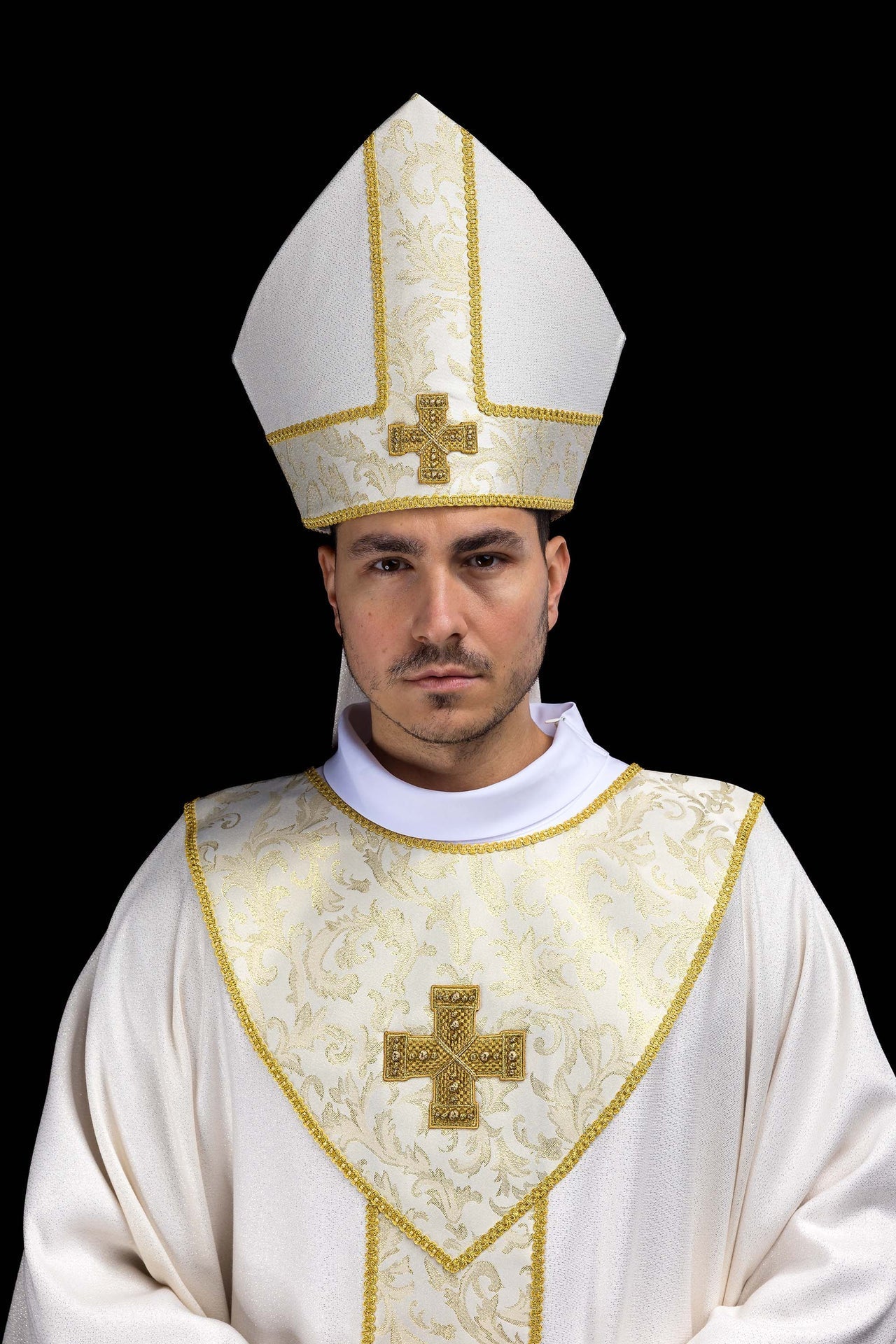 Embroidered Mitre with Cross Adorned with Ecru Jacquard Fabric LE/9075/05-1 - CHASUBLES.COM