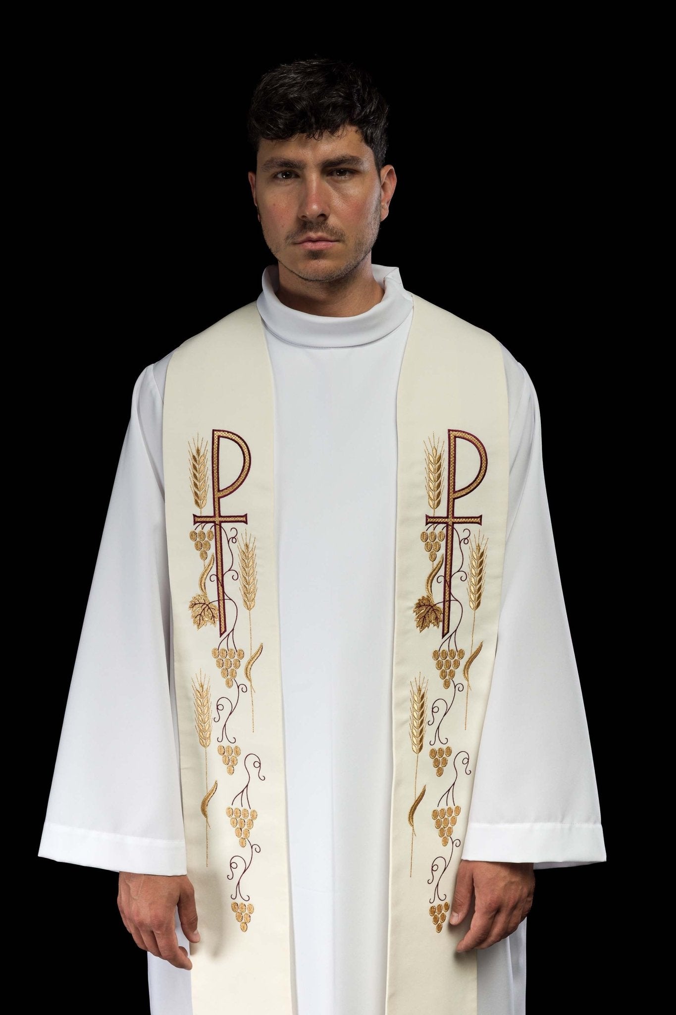 Embroidered priestly stole with cross and grapes in ecru KST/027/05/01 ECRU - CHASUBLES.COM