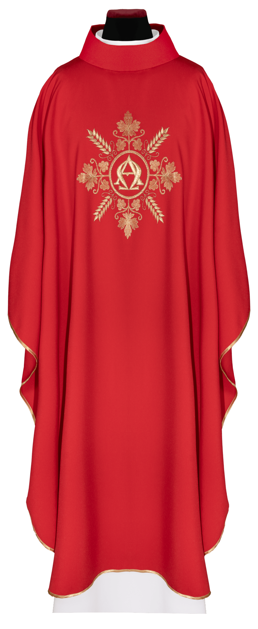 Embroidered red chasuble with Alpha and Omega symbols and wheat motifs KDT/7031/02/12 CZERWONY - CHASUBLES.COM
