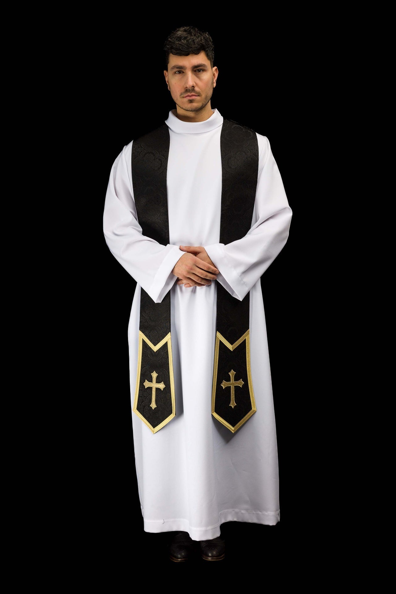 Embroidered stole with a Cross motif black jacquard fabric KST/639/07/11 - CHASUBLES.COM