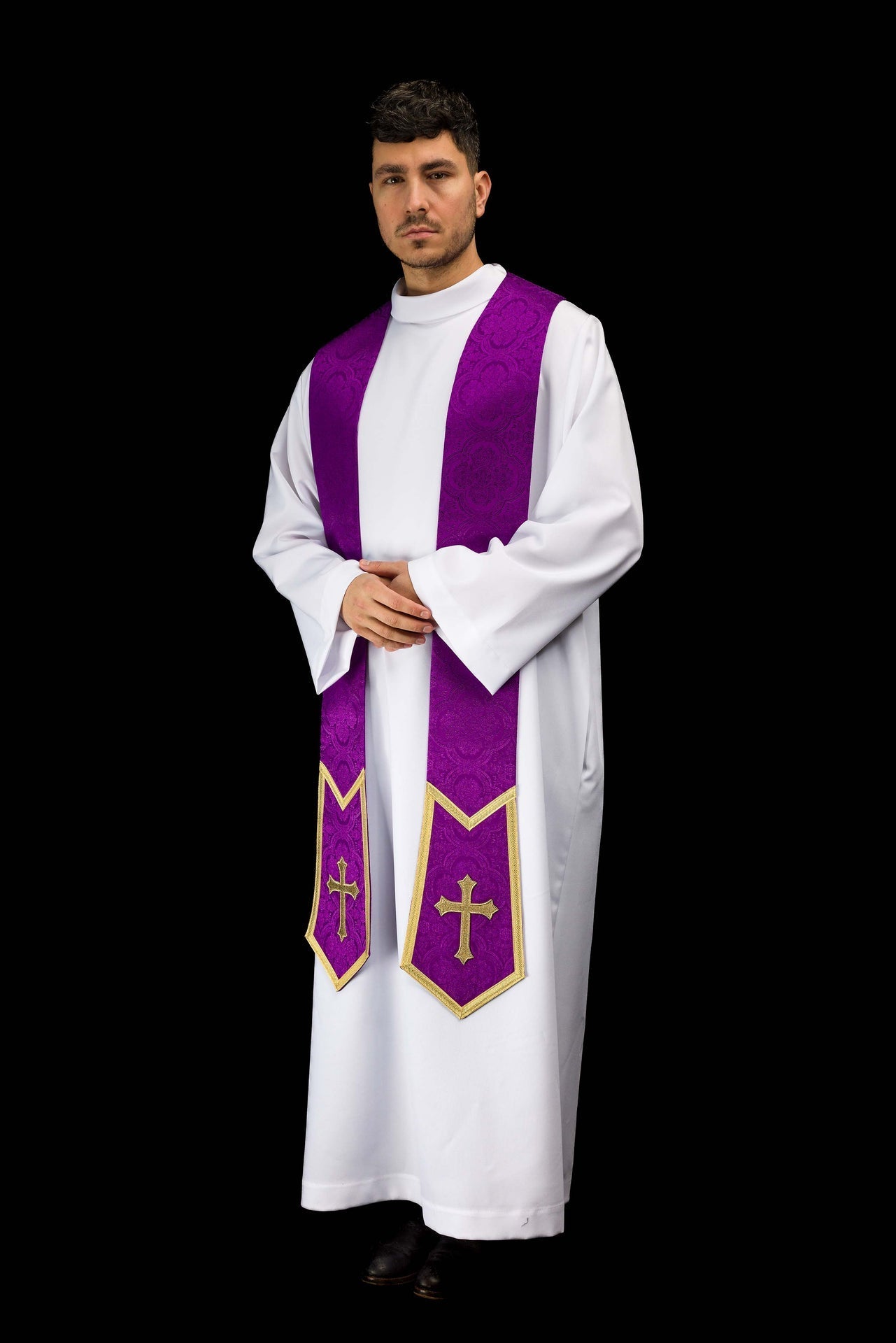 Embroidered stole with a Cross motif purple jacquard fabric KST/639/03/11 - CHASUBLES.COM