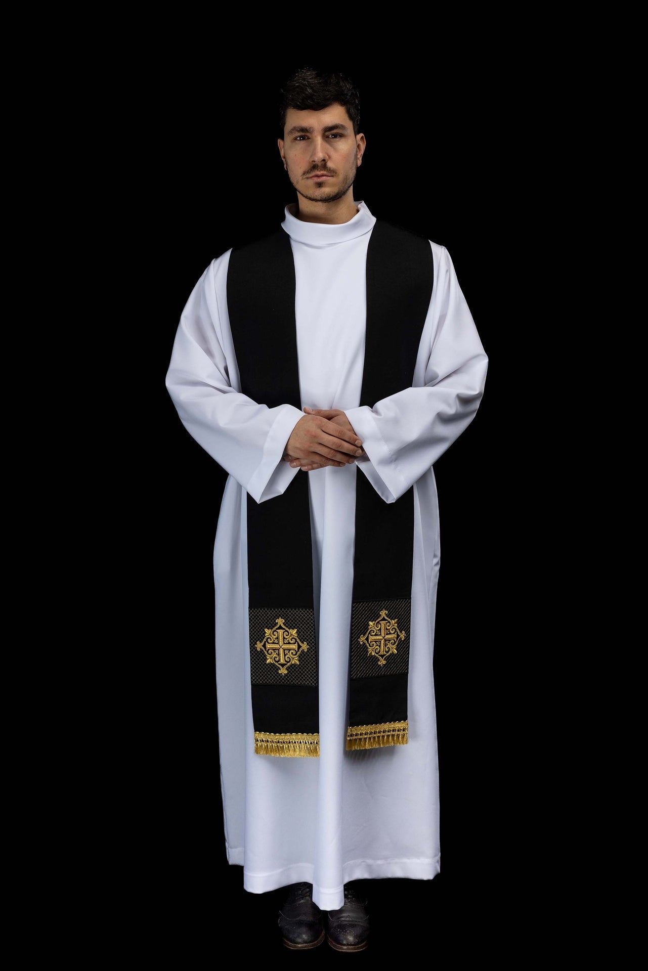 Embroidered stole with a cross symbol black velvet LE/2029/07 - CHASUBLES.COM