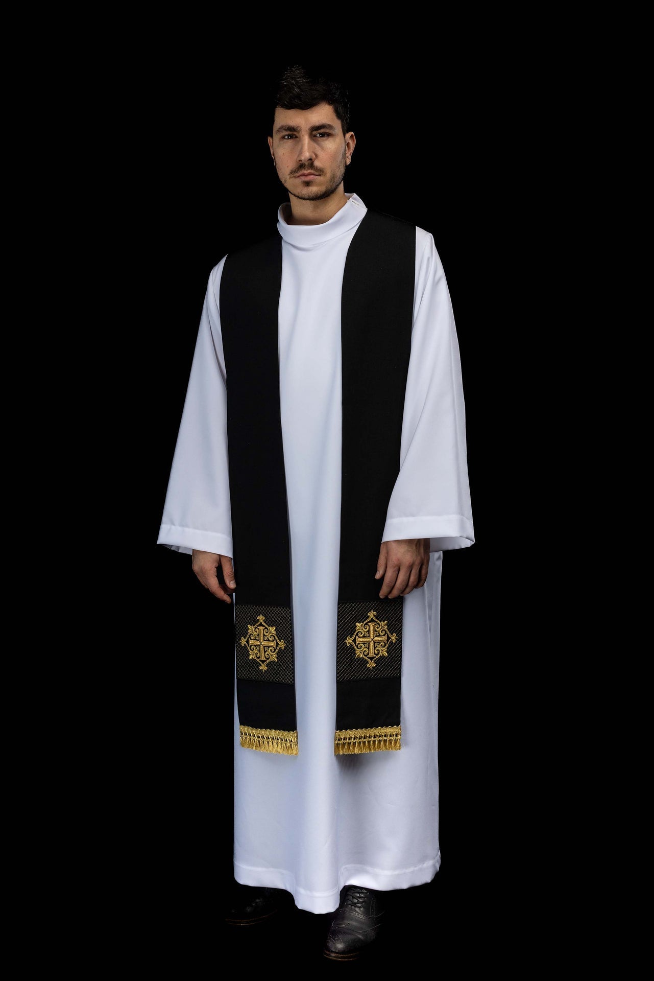 Embroidered stole with a cross symbol black velvet LE/2029/07 - CHASUBLES.COM