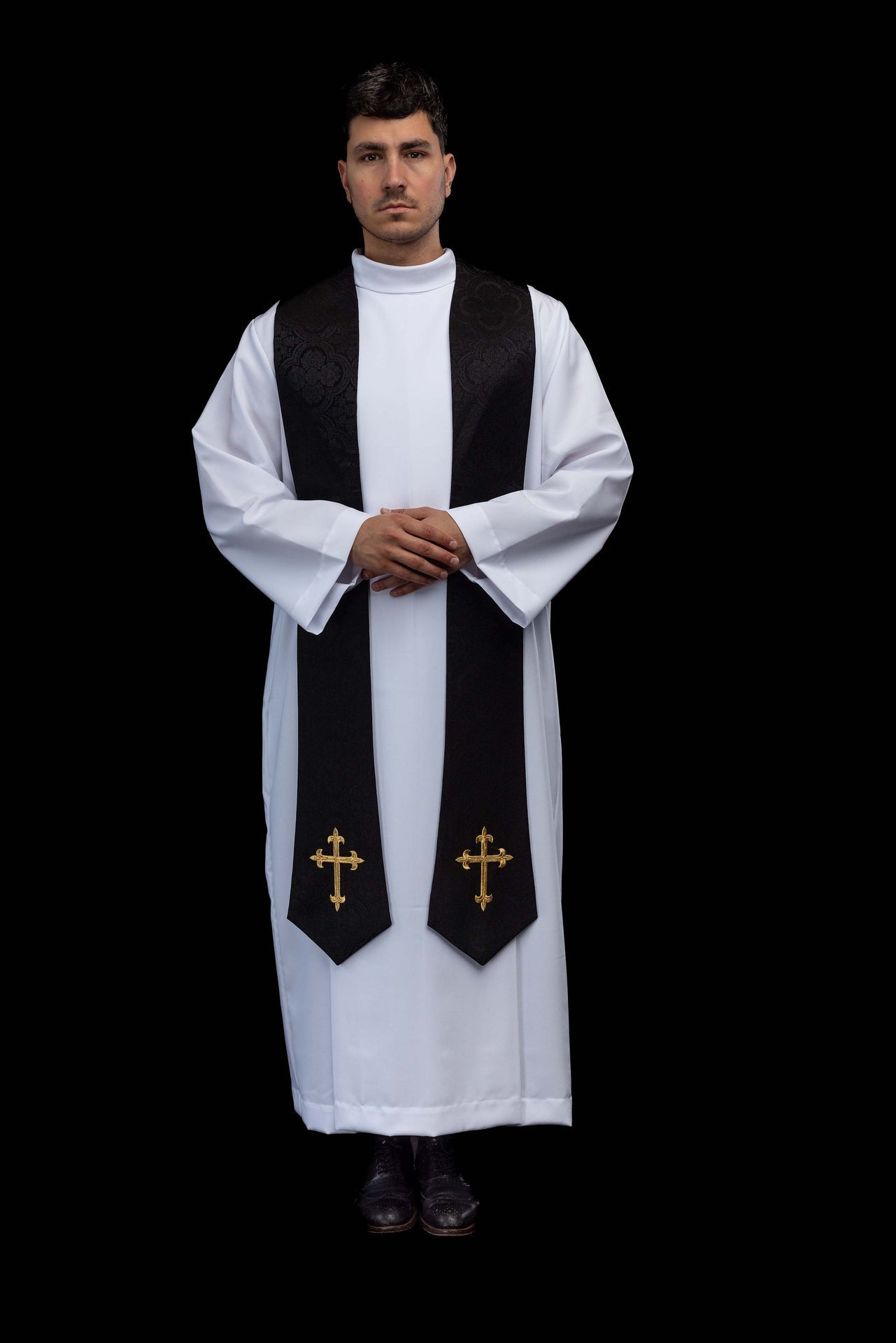 Embroidered Stole with Cross Motif Black Jacquard Fabric KST/638/07/11 - CHASUBLES.COM
