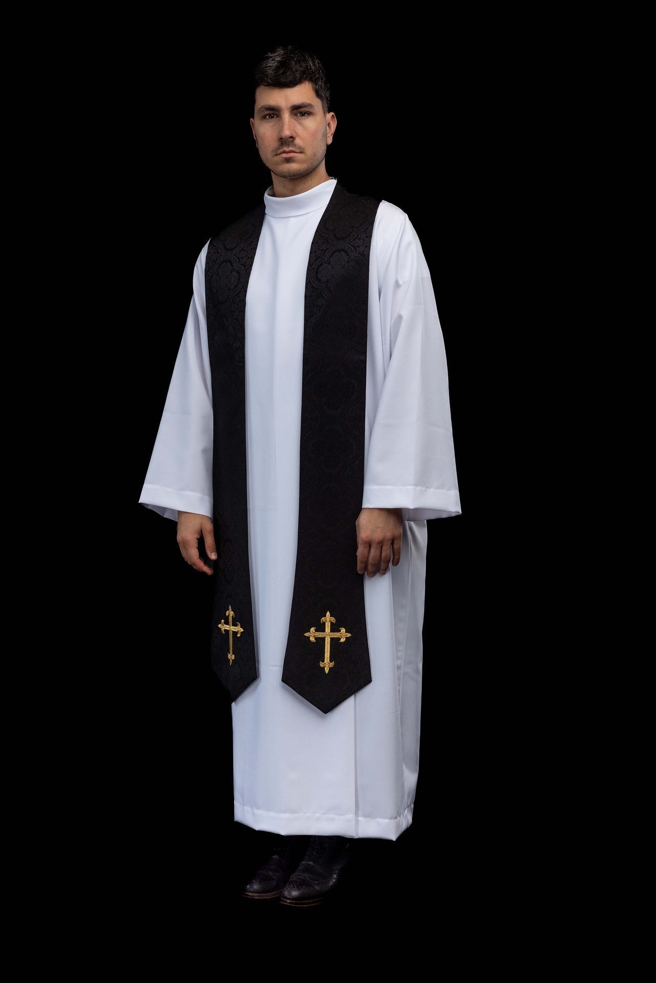 Embroidered Stole with Cross Motif Black Jacquard Fabric KST/638/07/11 - CHASUBLES.COM