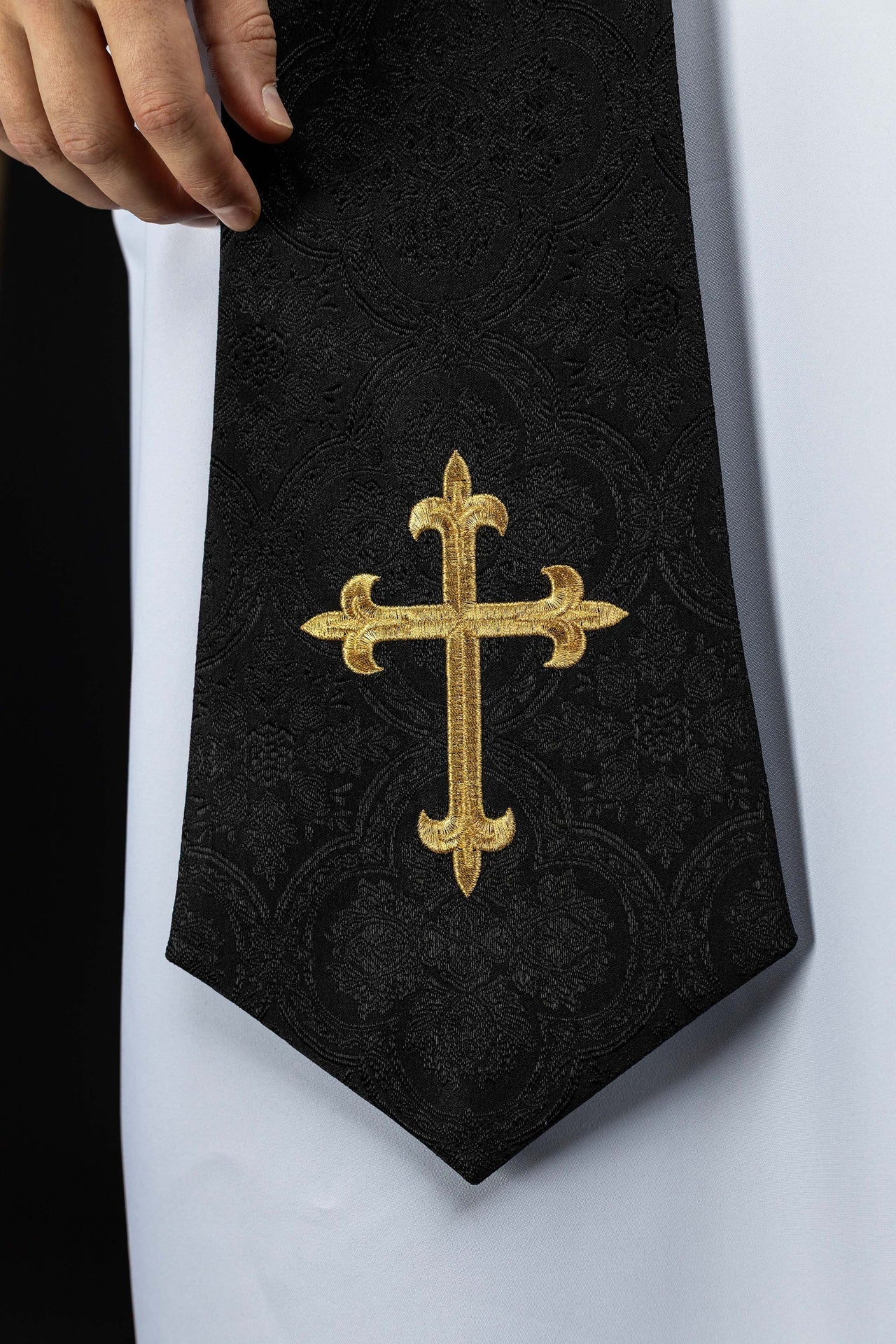 Embroidered Stole with Cross Motif Black Jacquard Fabric KST/638/07/11 - CHASUBLES.COM
