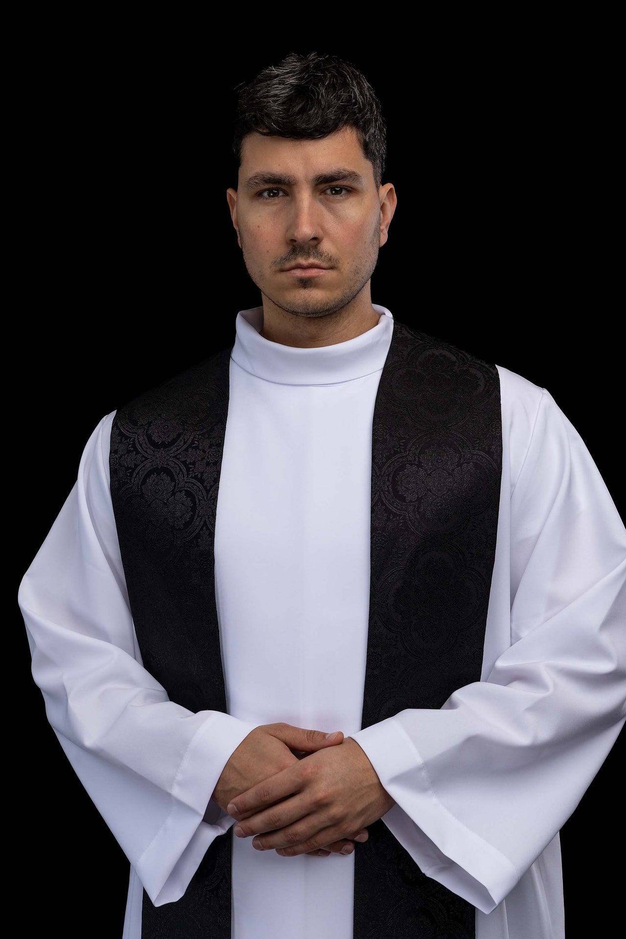 Embroidered Stole with Cross Motif Black Jacquard Fabric KST/638/07/11 - CHASUBLES.COM