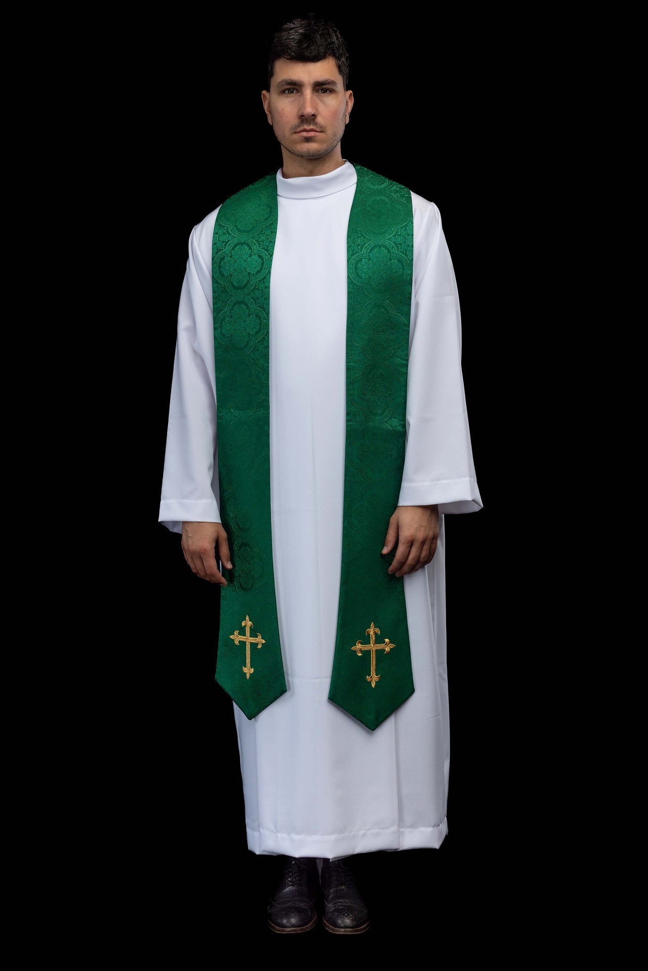 Embroidered Stole with Cross Motif Green Jacquard Fabric KST/638/01/11 - CHASUBLES.COM