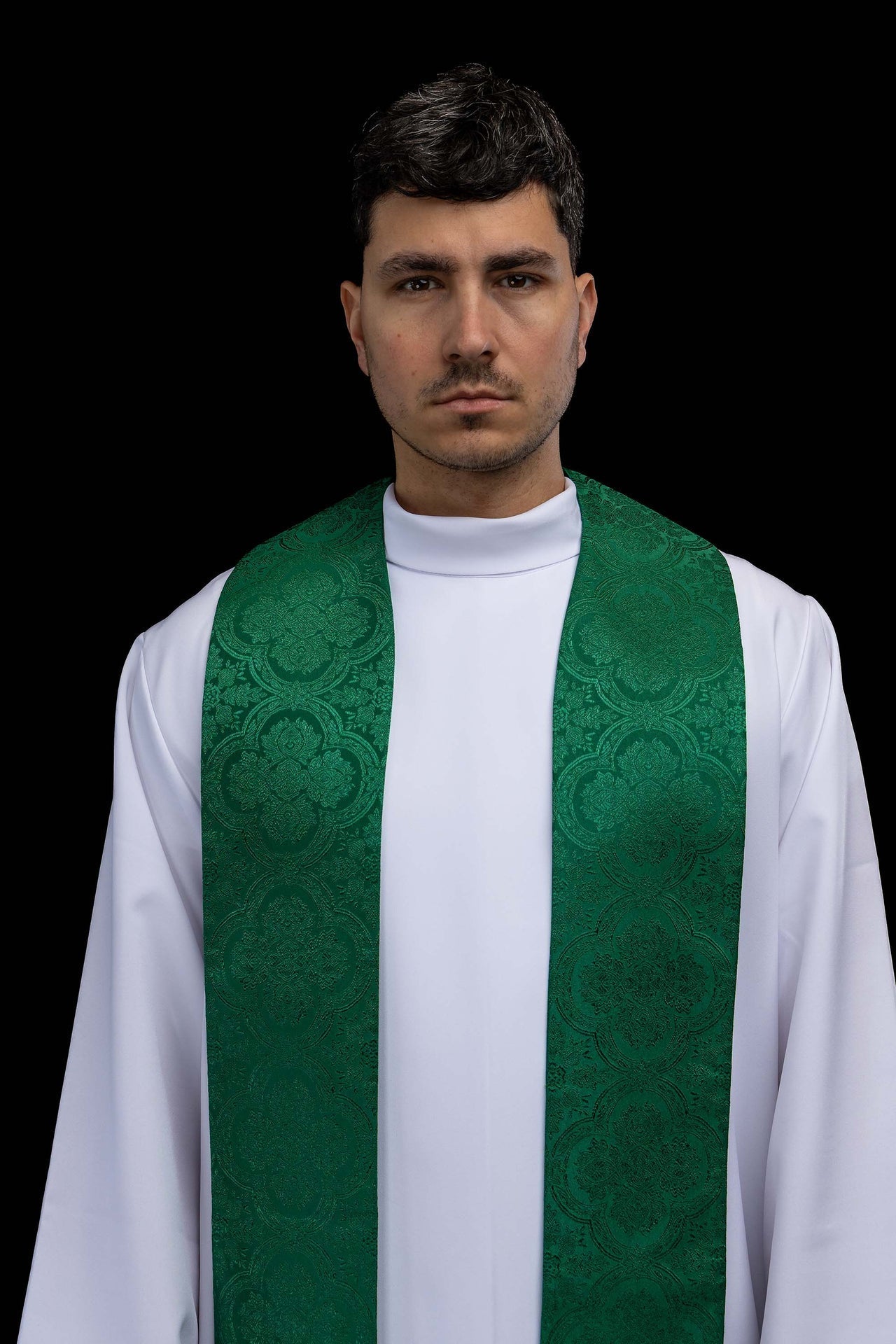 Embroidered Stole with Cross Motif Green Jacquard Fabric KST/638/01/11 - CHASUBLES.COM
