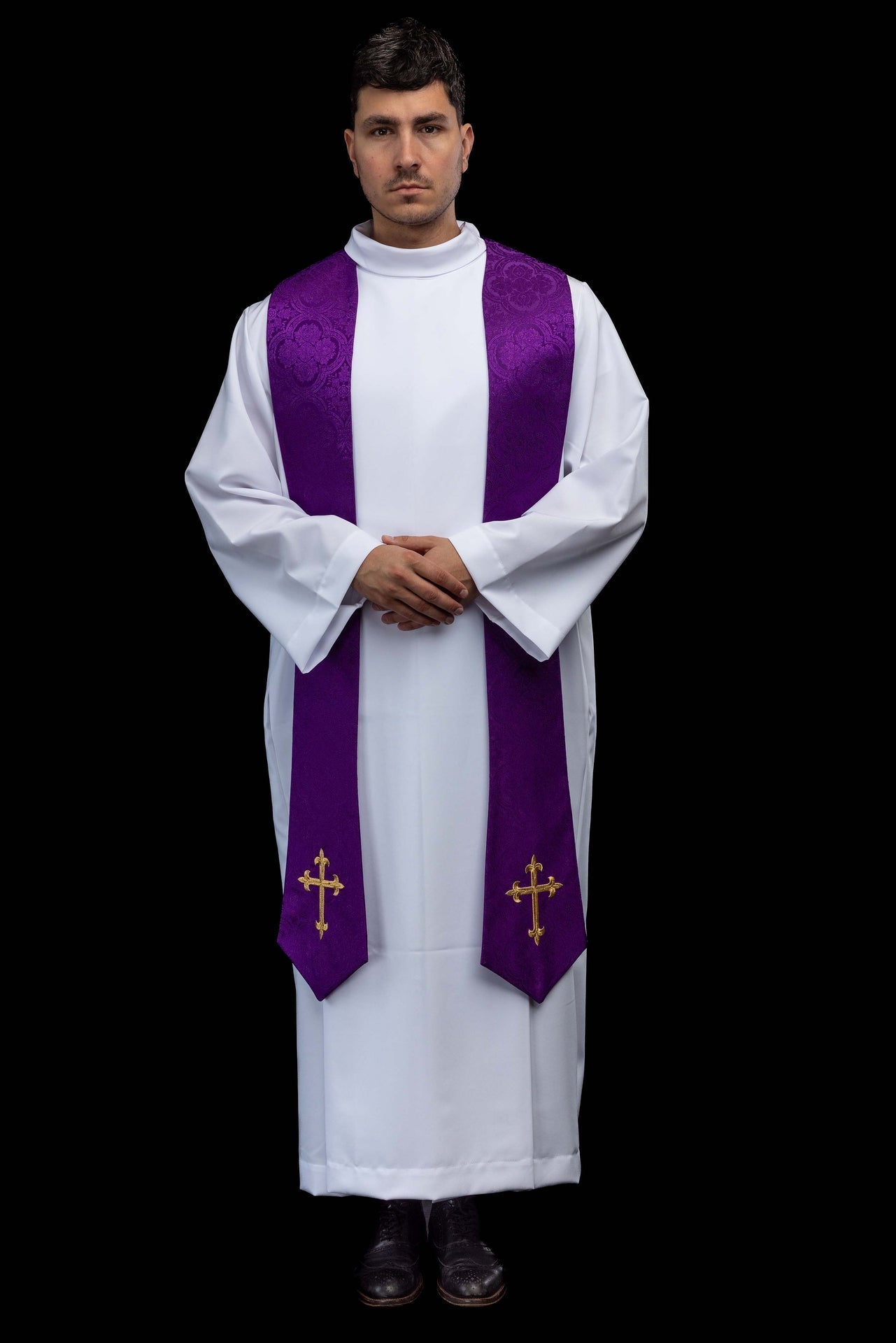Embroidered Stole with Cross Motif Purple Jacquard Fabric KST/638/03/11 - CHASUBLES.COM