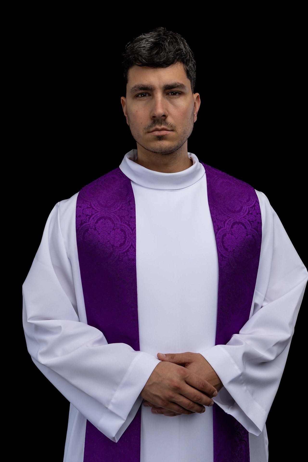 Embroidered Stole with Cross Motif Purple Jacquard Fabric KST/638/03/11 - CHASUBLES.COM