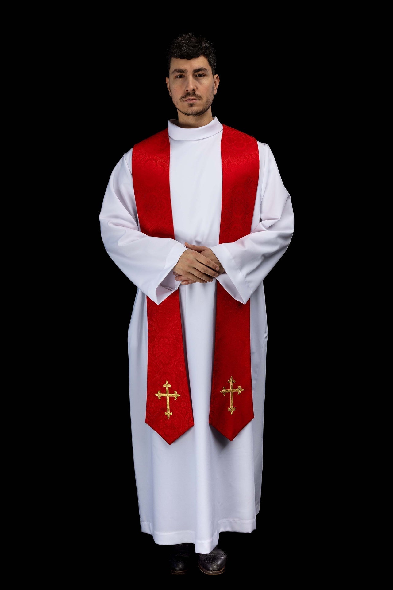 Embroidered Stole with Cross Motif Red Jacquard Fabric KST/638/02/11 - CHASUBLES.COM