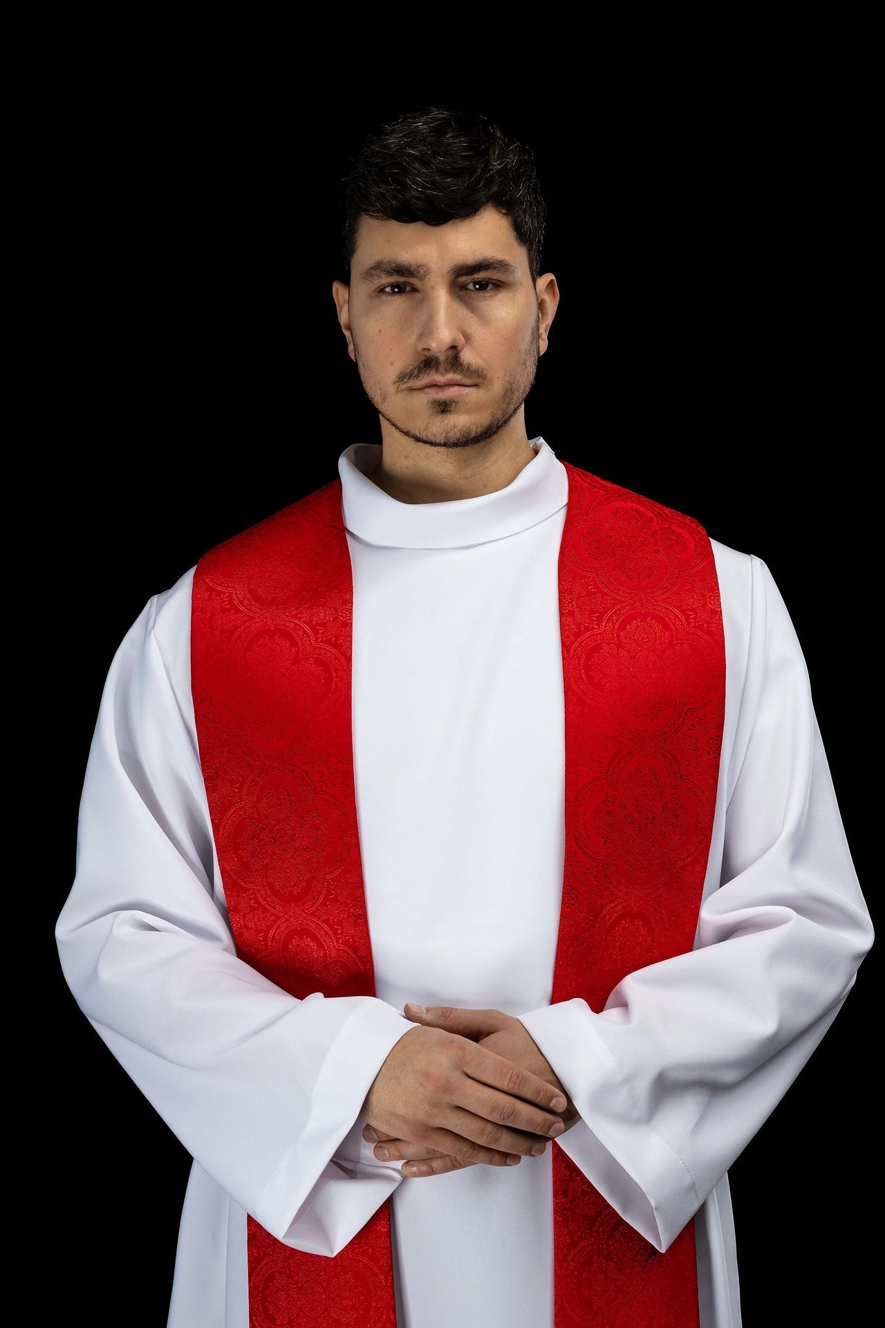 Embroidered Stole with Cross Motif Red Jacquard Fabric KST/638/02/11 - CHASUBLES.COM