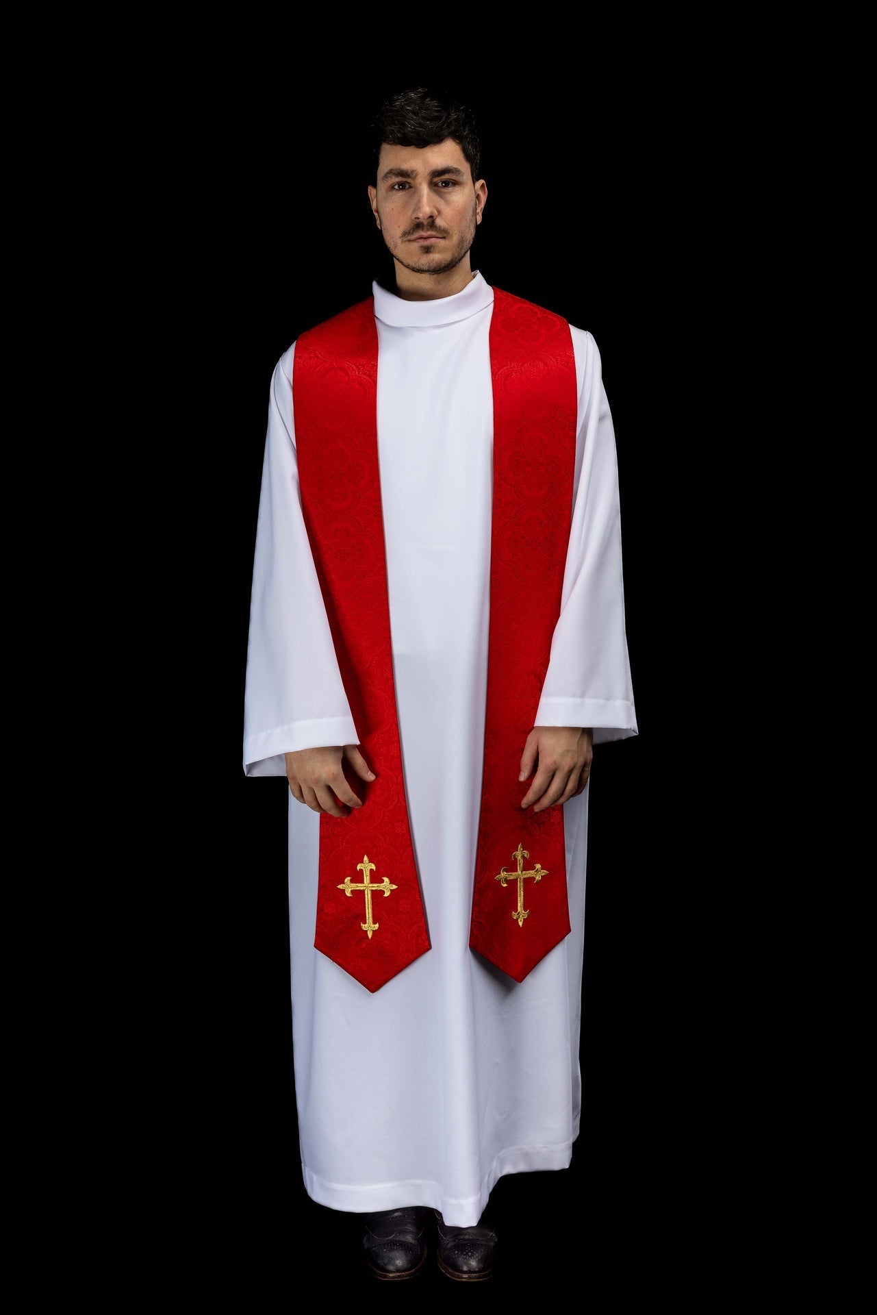 Embroidered Stole with Cross Motif Red Jacquard Fabric KST/638/02/11 - CHASUBLES.COM