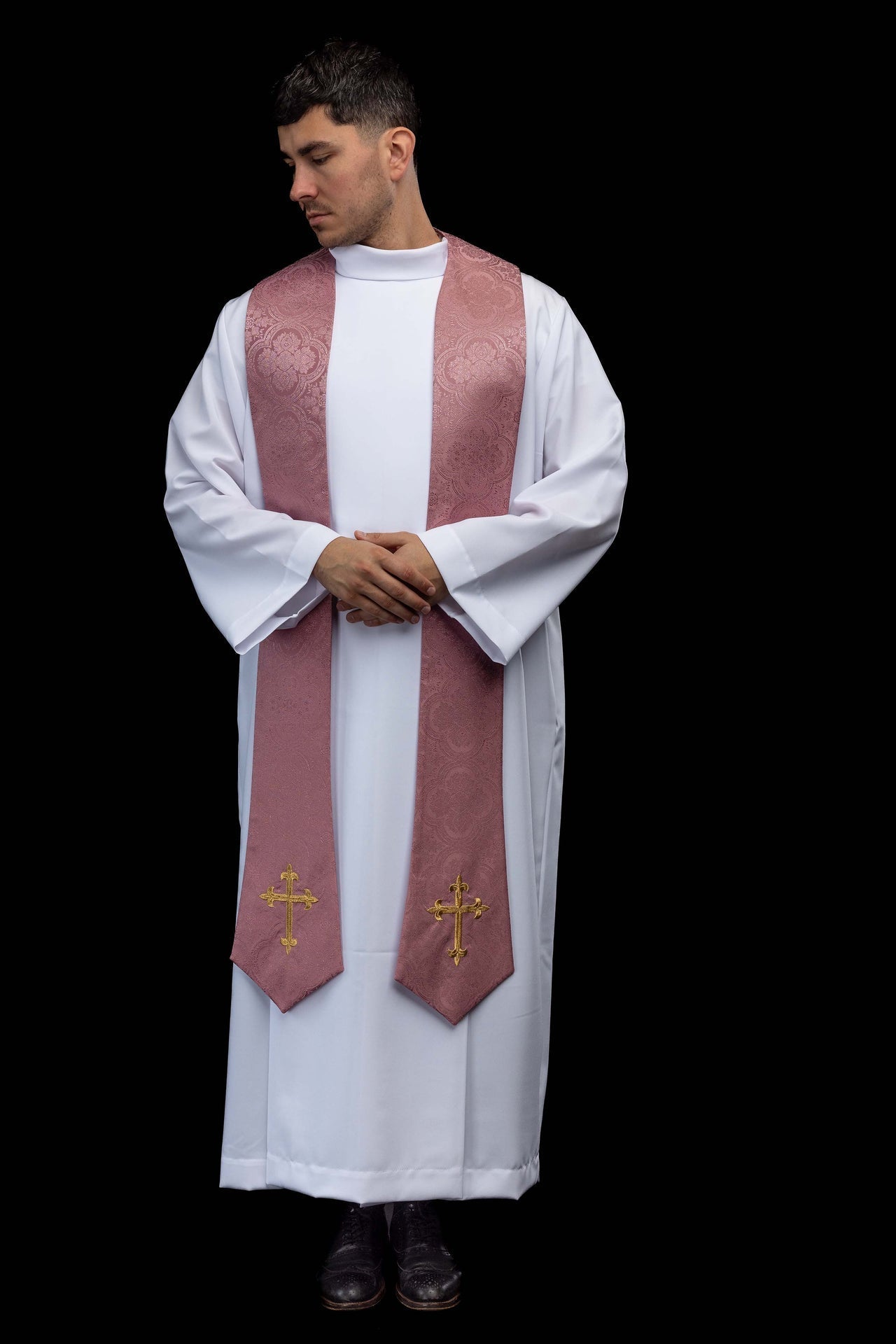 Embroidered Stole with Cross Motif Rose Jacquard Fabric KST/638/08/11 - CHASUBLES.COM