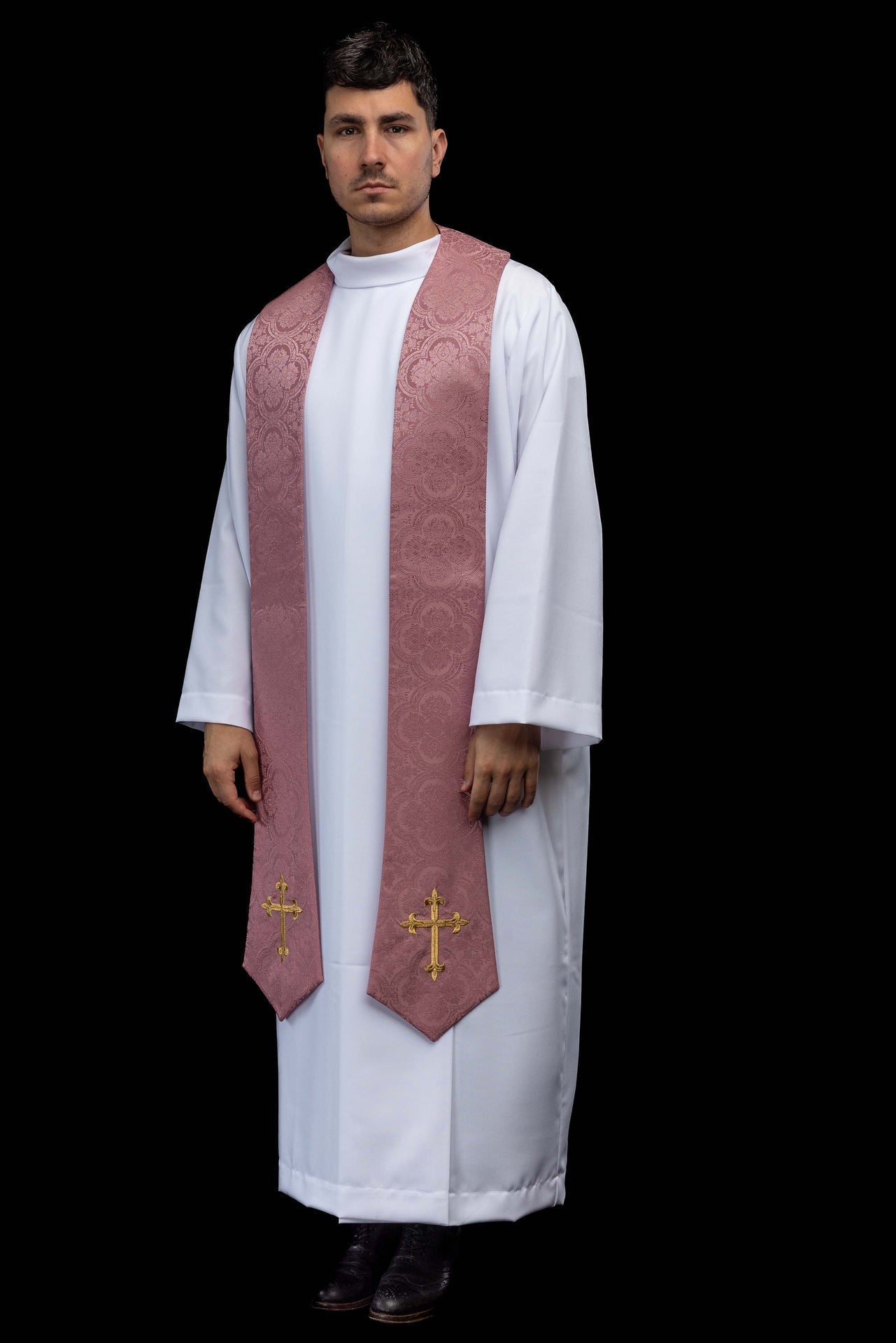 Embroidered Stole with Cross Motif Rose Jacquard Fabric KST/638/08/11 - CHASUBLES.COM