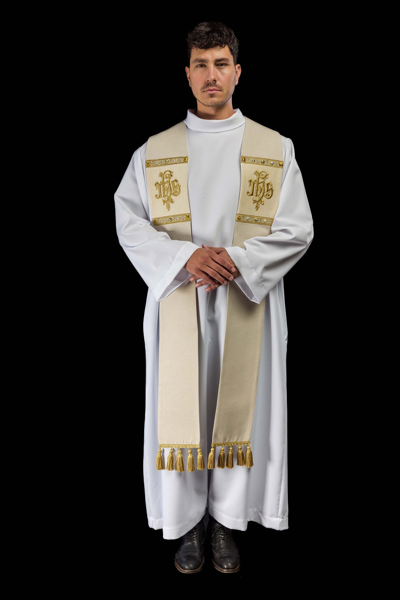 Embroidered Stole with IHS Motif in Ecru S-2067-05-70 - CHASUBLES.COM