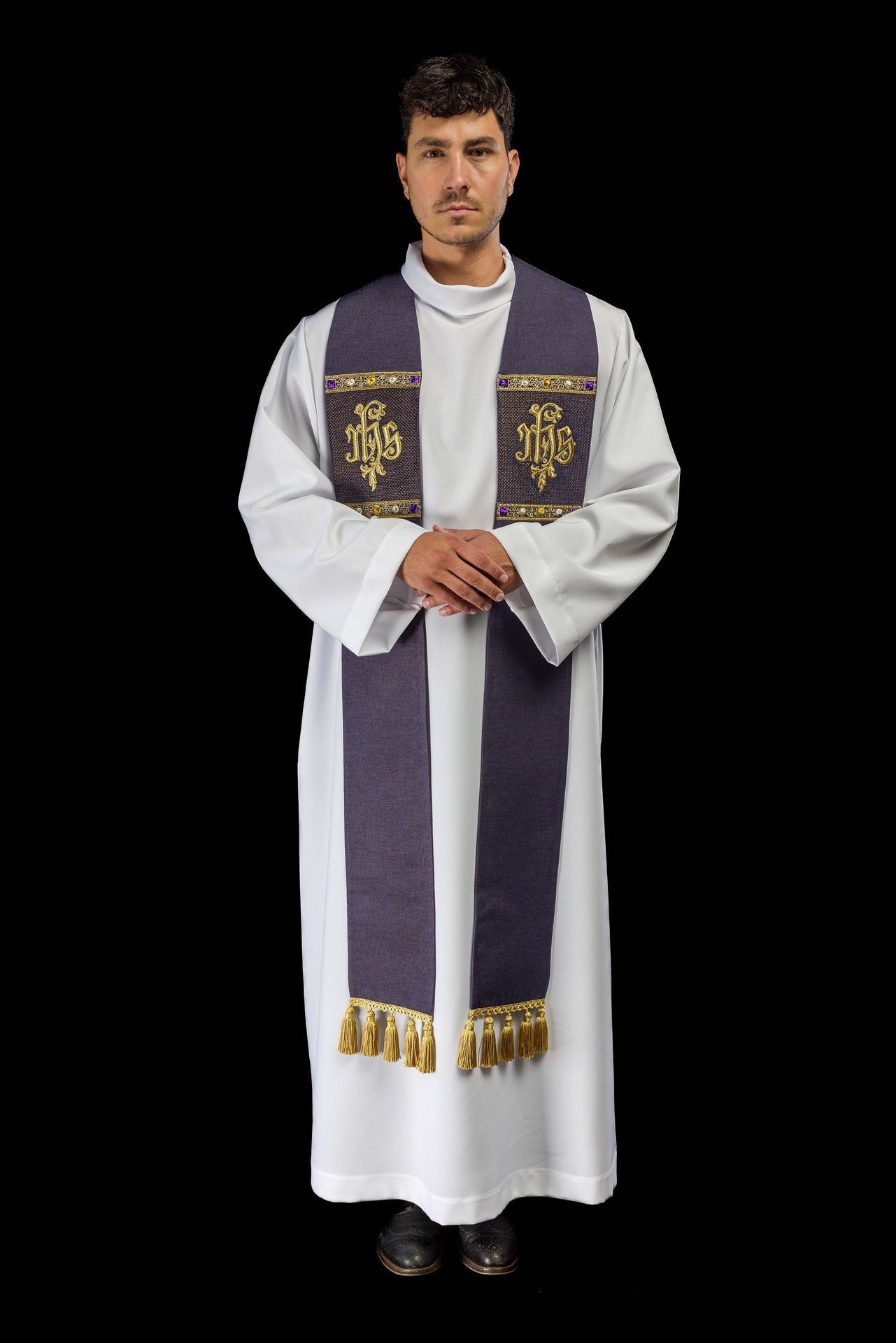 Embroidered Stole with IHS Motif in Purple S-2067-03-70 - CHASUBLES.COM