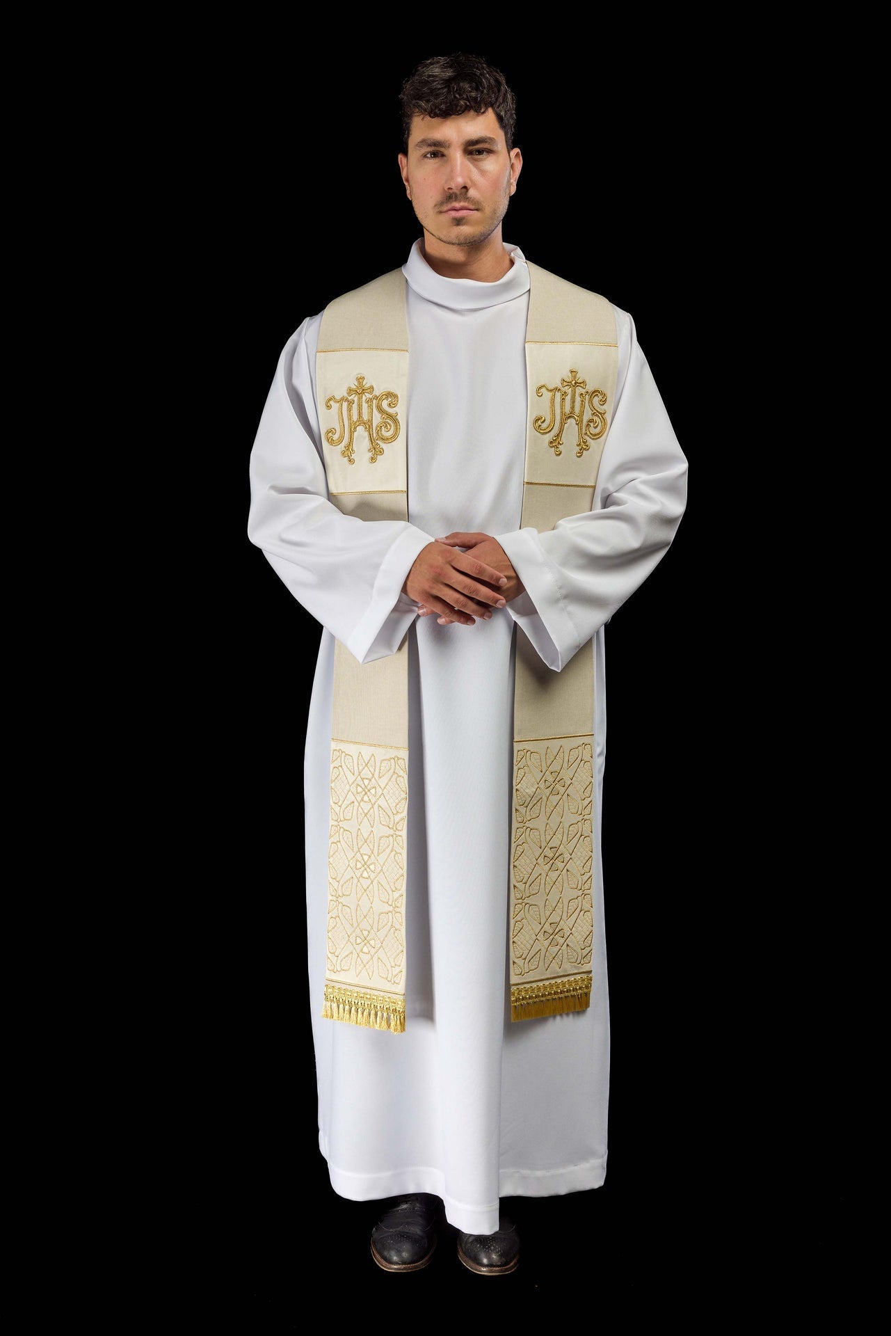 Embroidered Velvet Stole with IHS Motif in Ecru S-2055-05-70 - CHASUBLES.COM