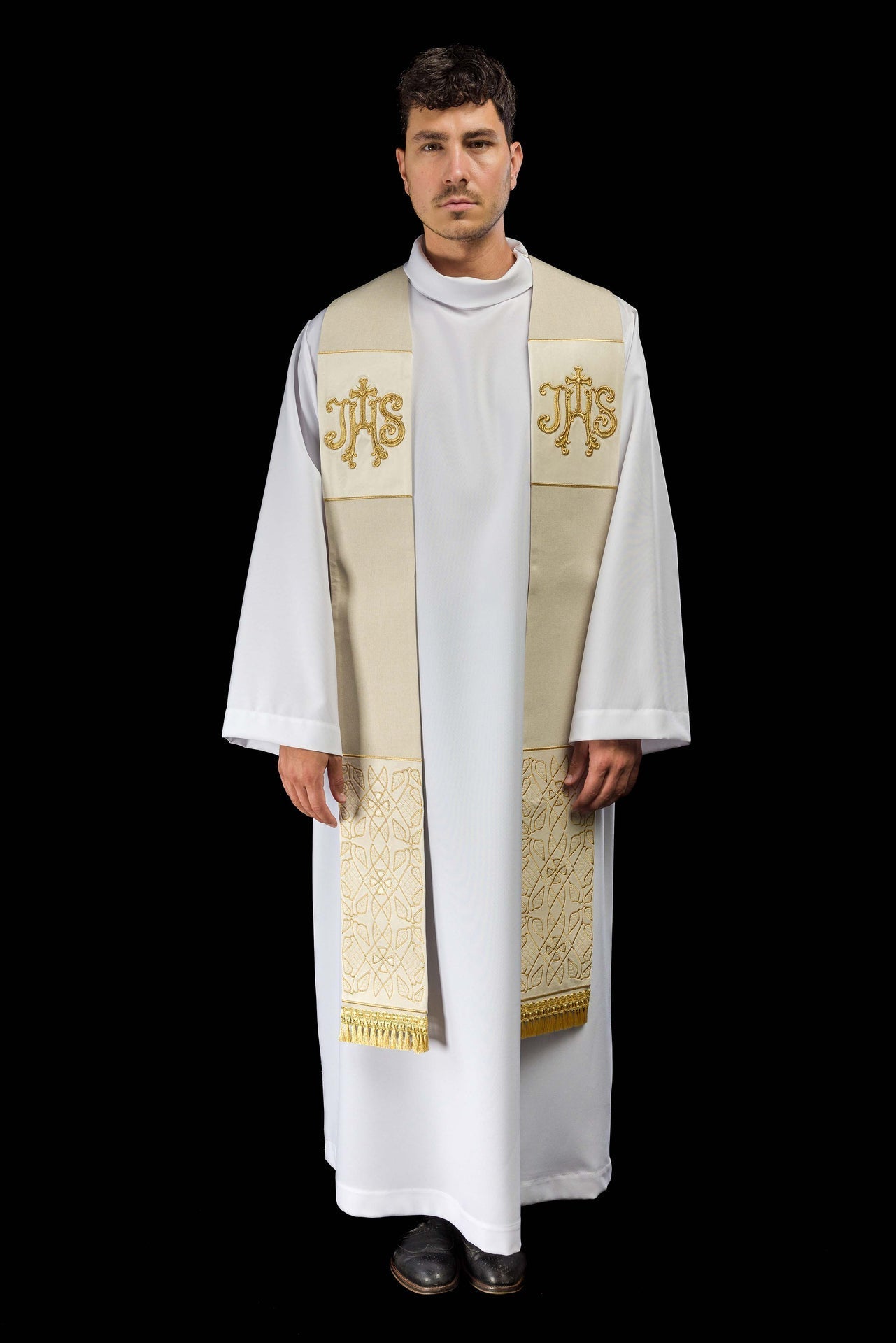 Embroidered Velvet Stole with IHS Motif in Ecru S-2055-05-70 - CHASUBLES.COM