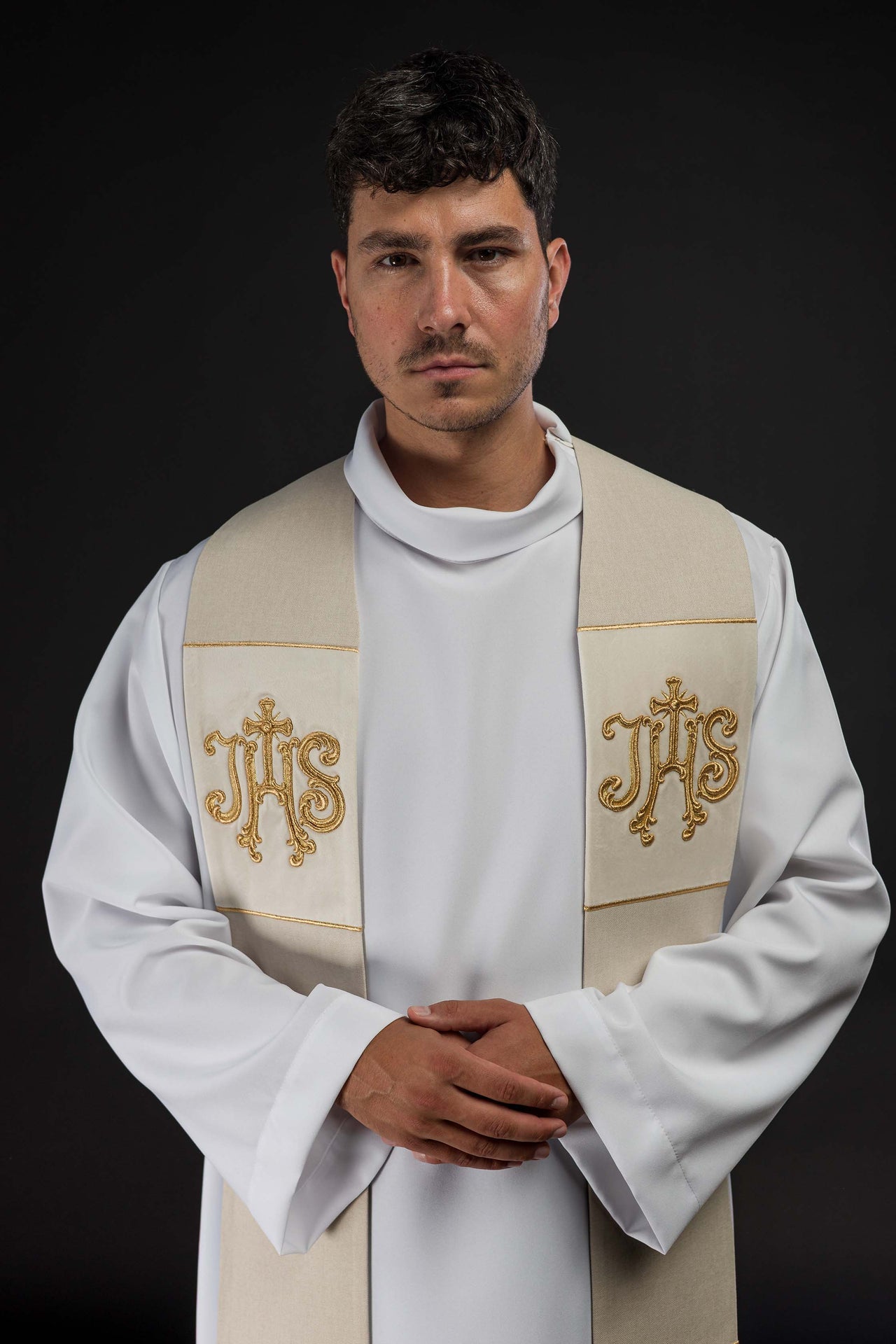 Embroidered Velvet Stole with IHS Motif in Ecru S-2055-05-70 - CHASUBLES.COM