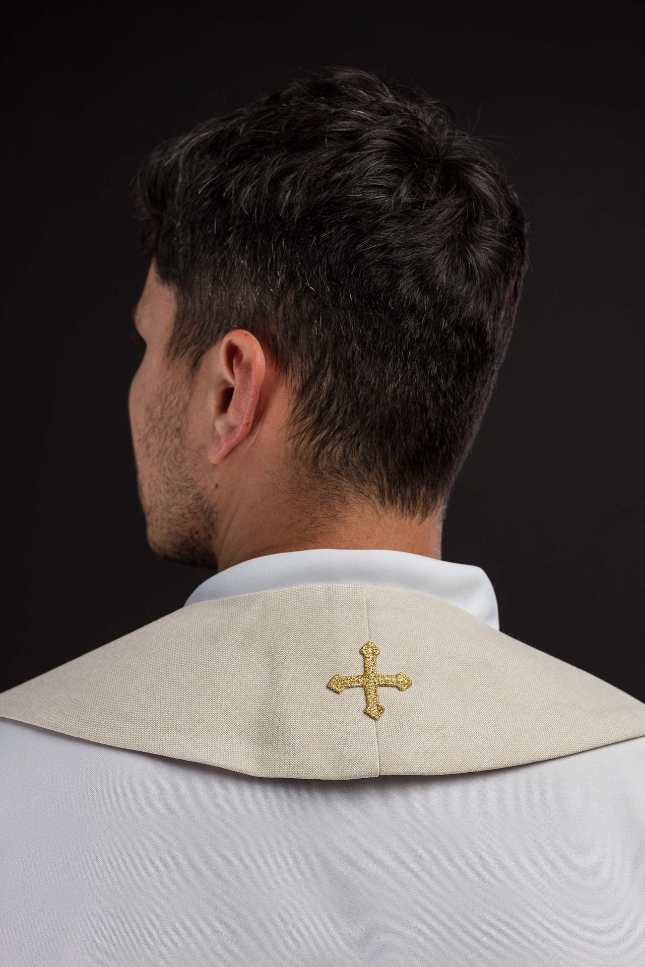 Embroidered Velvet Stole with IHS Motif in Ecru S-2055-05-70 - CHASUBLES.COM