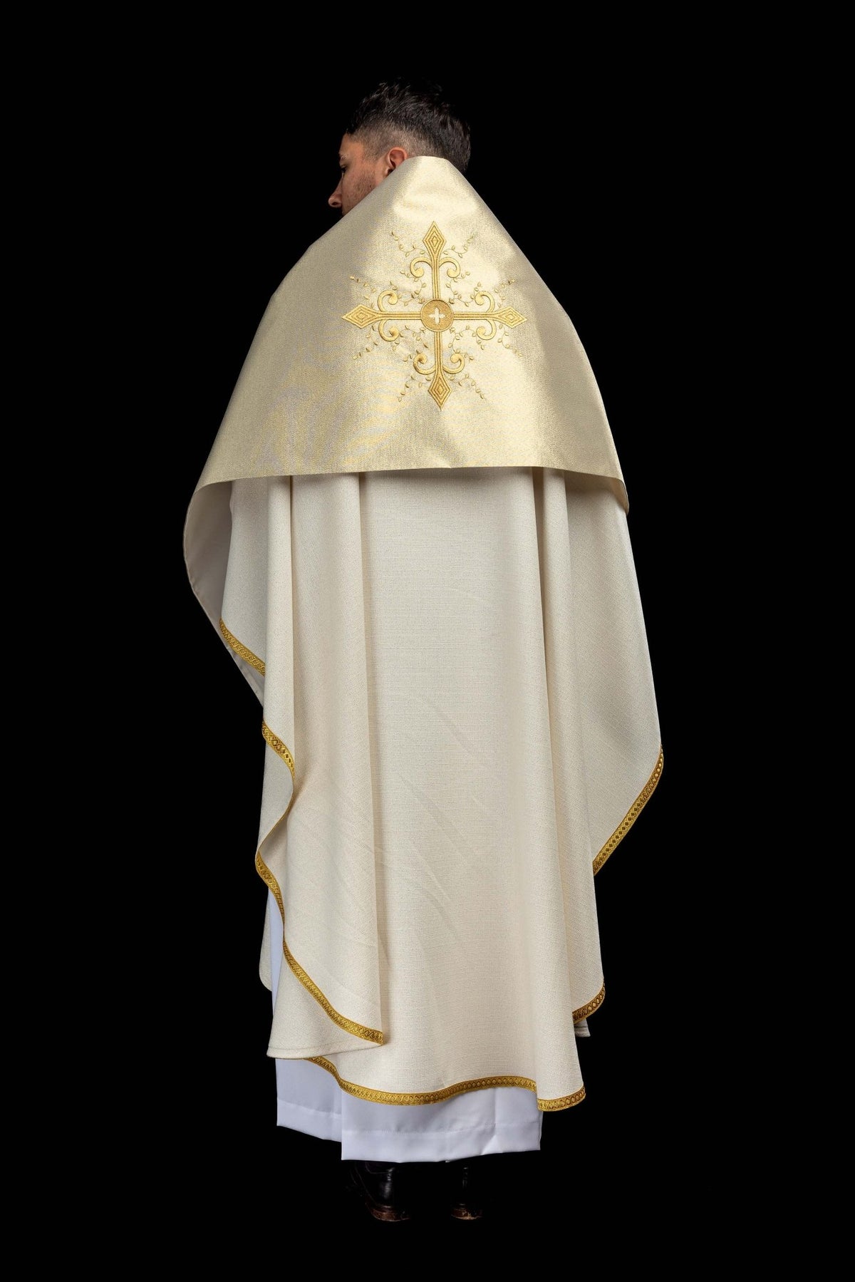 Full back view of the gold humeral veil with cross embroidery and gold trim