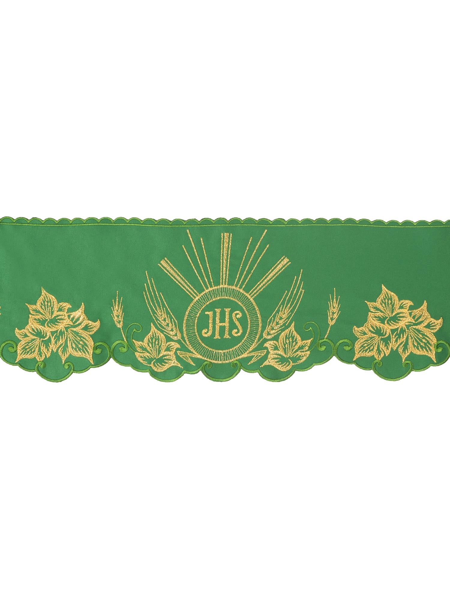 Green altar superfrontal cloth with embroidered gold IHS motif KOM/053/01 15cm 3,5m - HAFTINAUSA.COM