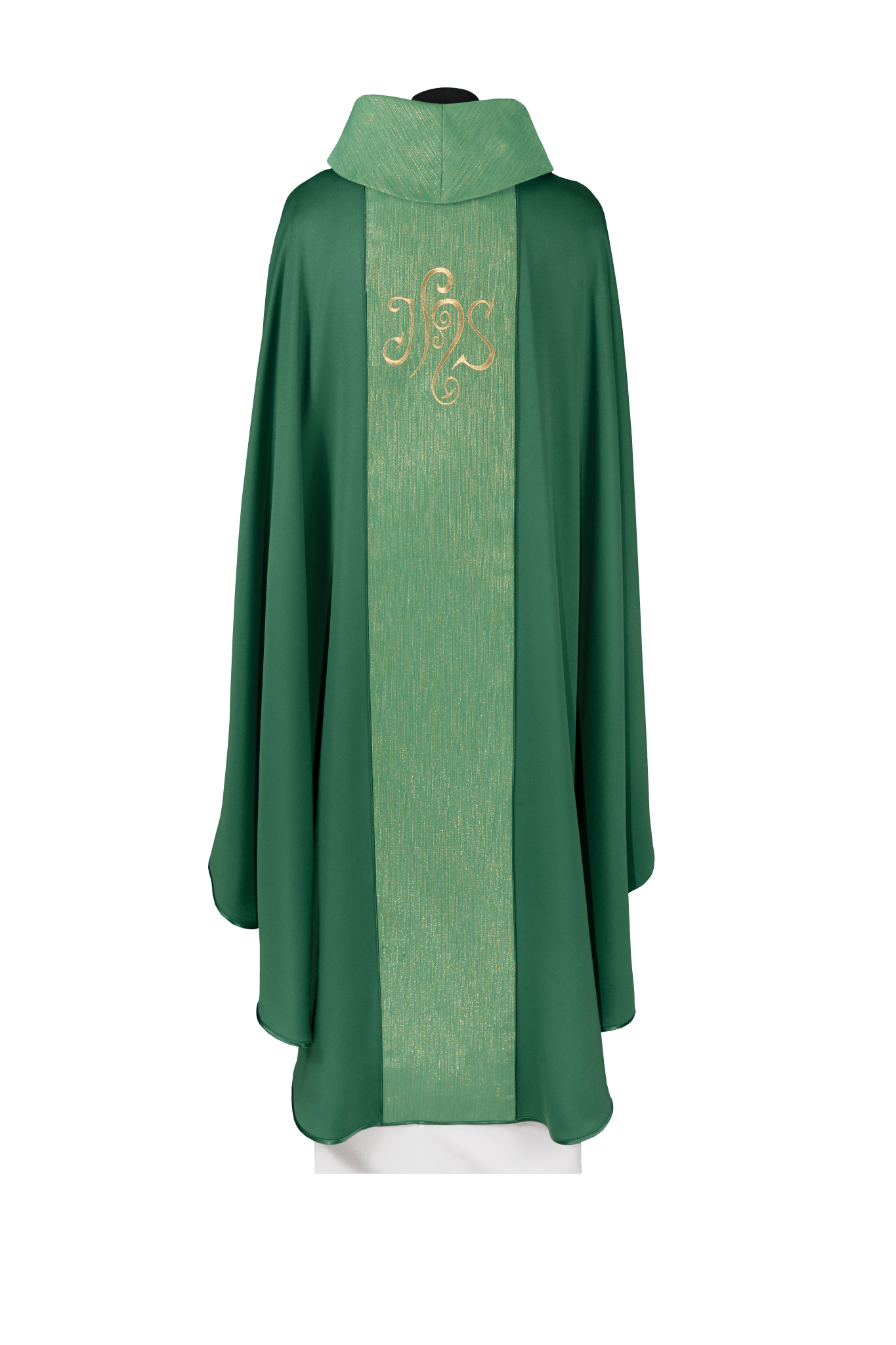 Green chasuble adorned with a decorative band and embroidered IHS symbol KDT/7015/01/53 - CHASUBLES.COM