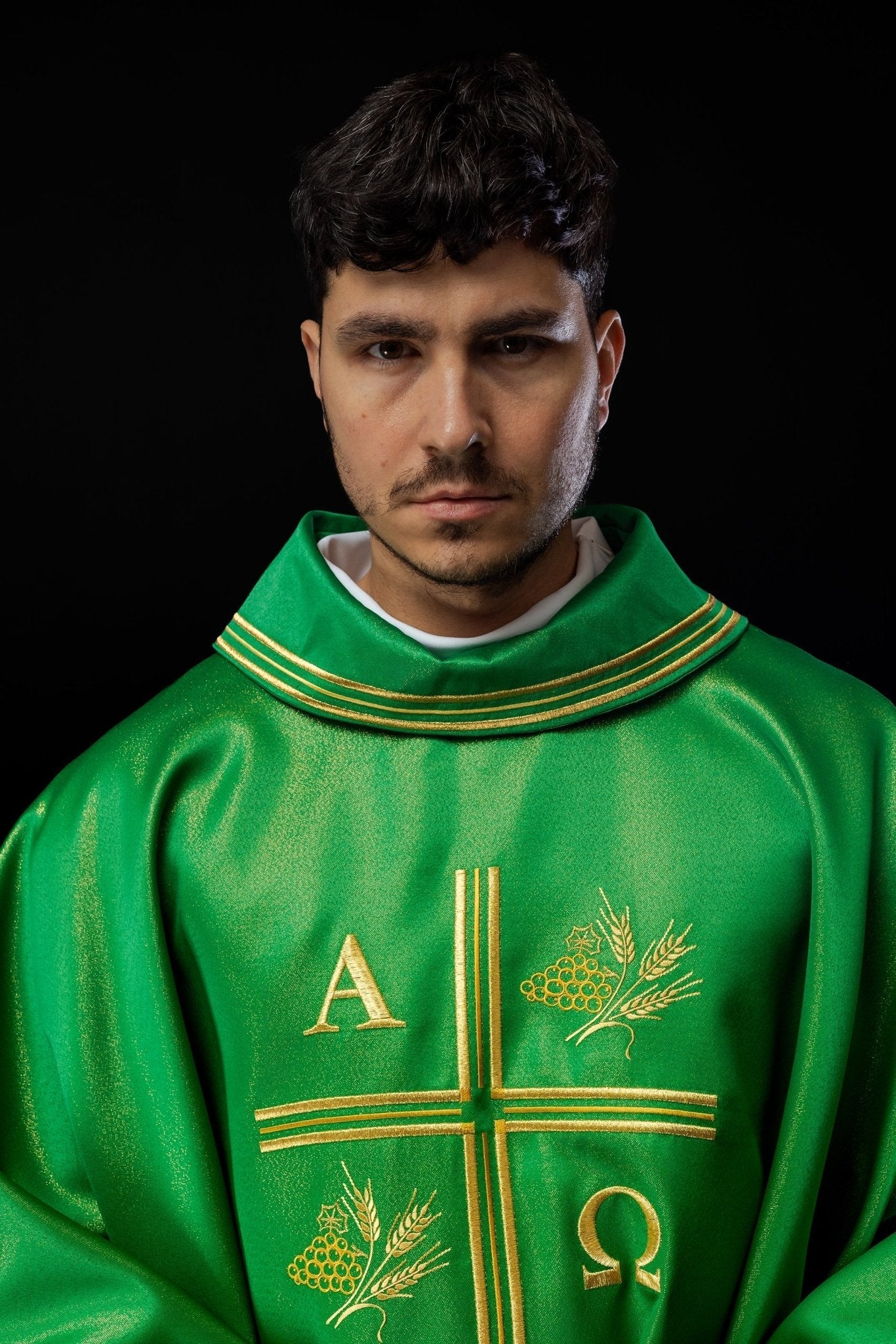 Green chasuble with Alfa and Omega motif with decorated collar S - 7053 - 01 - 54 - HAFTINAUSA.COM