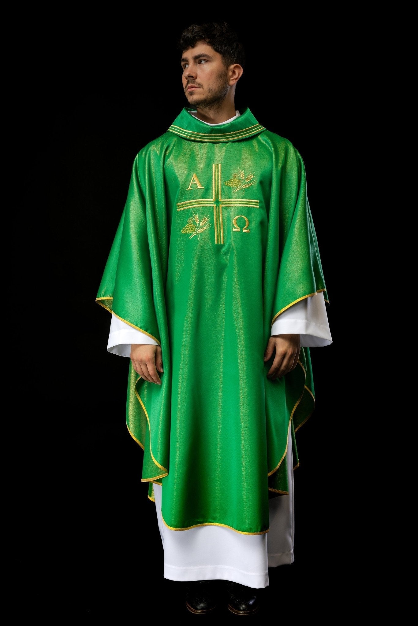 Green chasuble with Alfa and Omega motif with decorated collar S - 7053 - 01 - 54 - HAFTINAUSA.COM