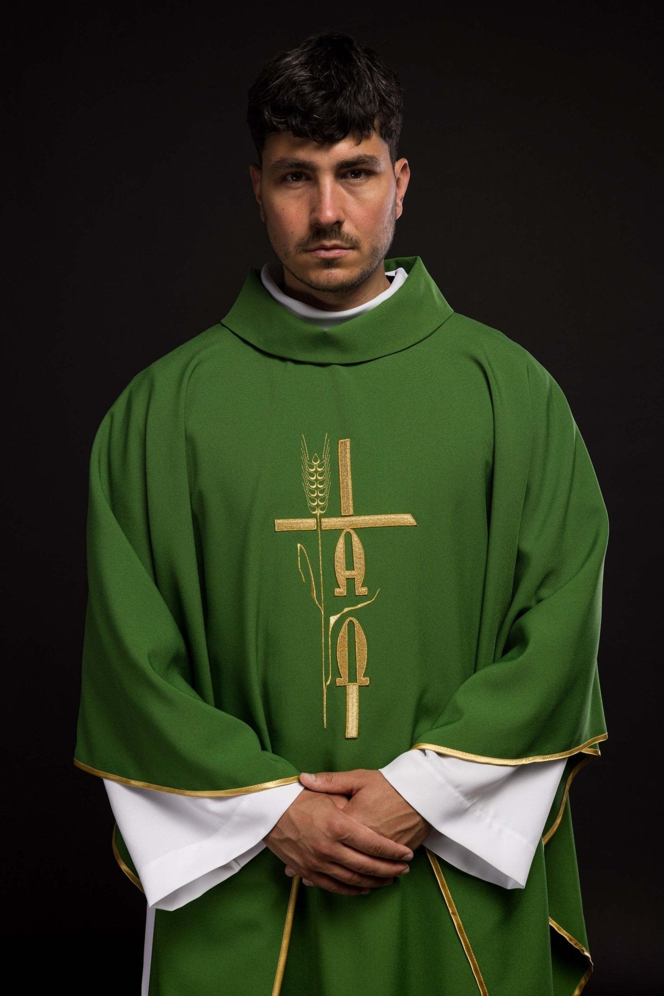 Green chasuble with cross and alfa omega symbols KOR/013/01/12 ZIELONY - HAFTINAUSA.COM