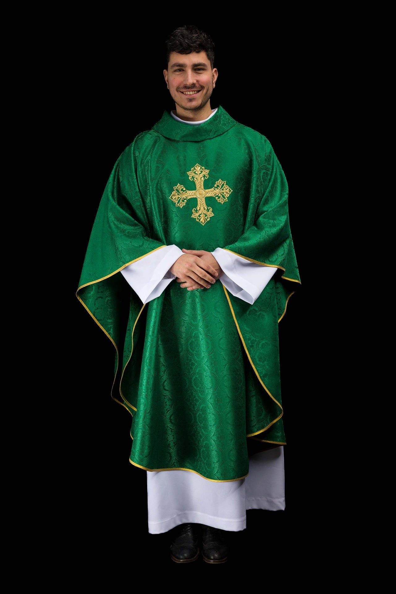Green chasuble with cross jacquard fabric KOR/403/01/11 - CHASUBLES.COM