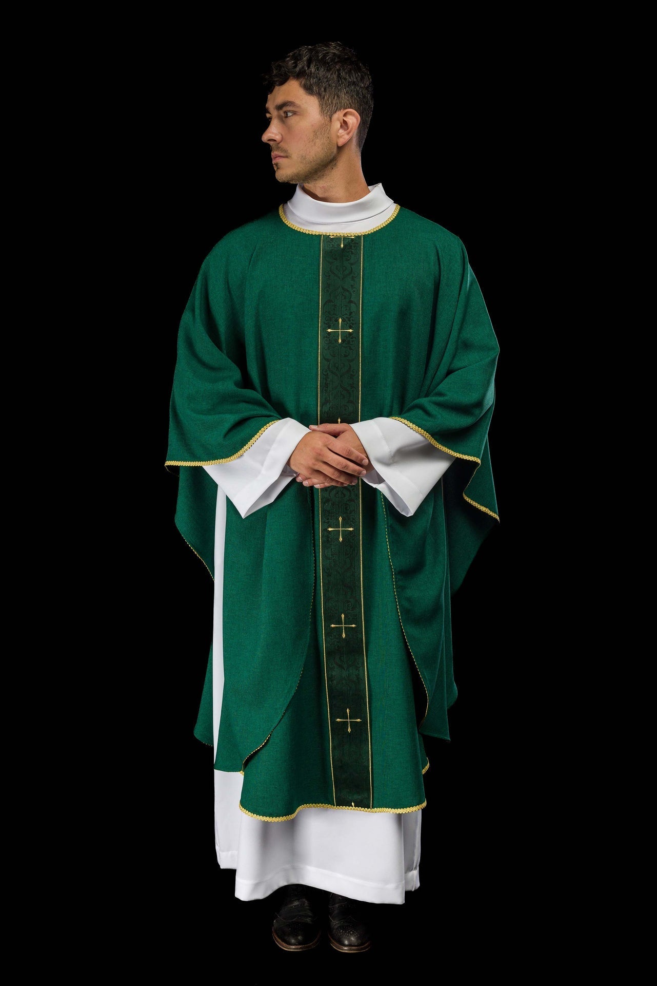 Green Chasuble with Embroidered Cross Band LE/7074/01 - CHASUBLES.COM