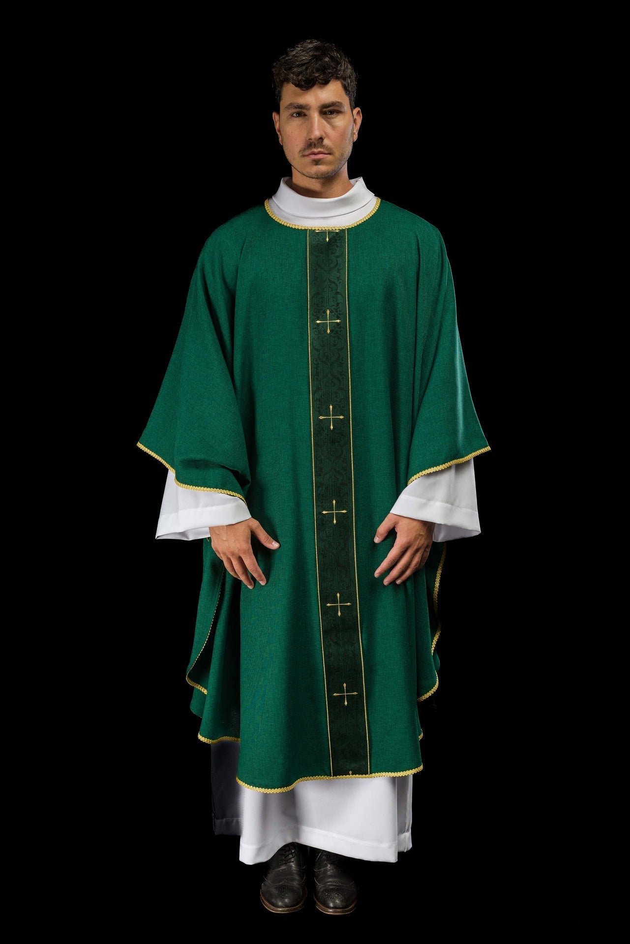 Green Chasuble with Embroidered Cross Band LE/7074/01 - CHASUBLES.COM