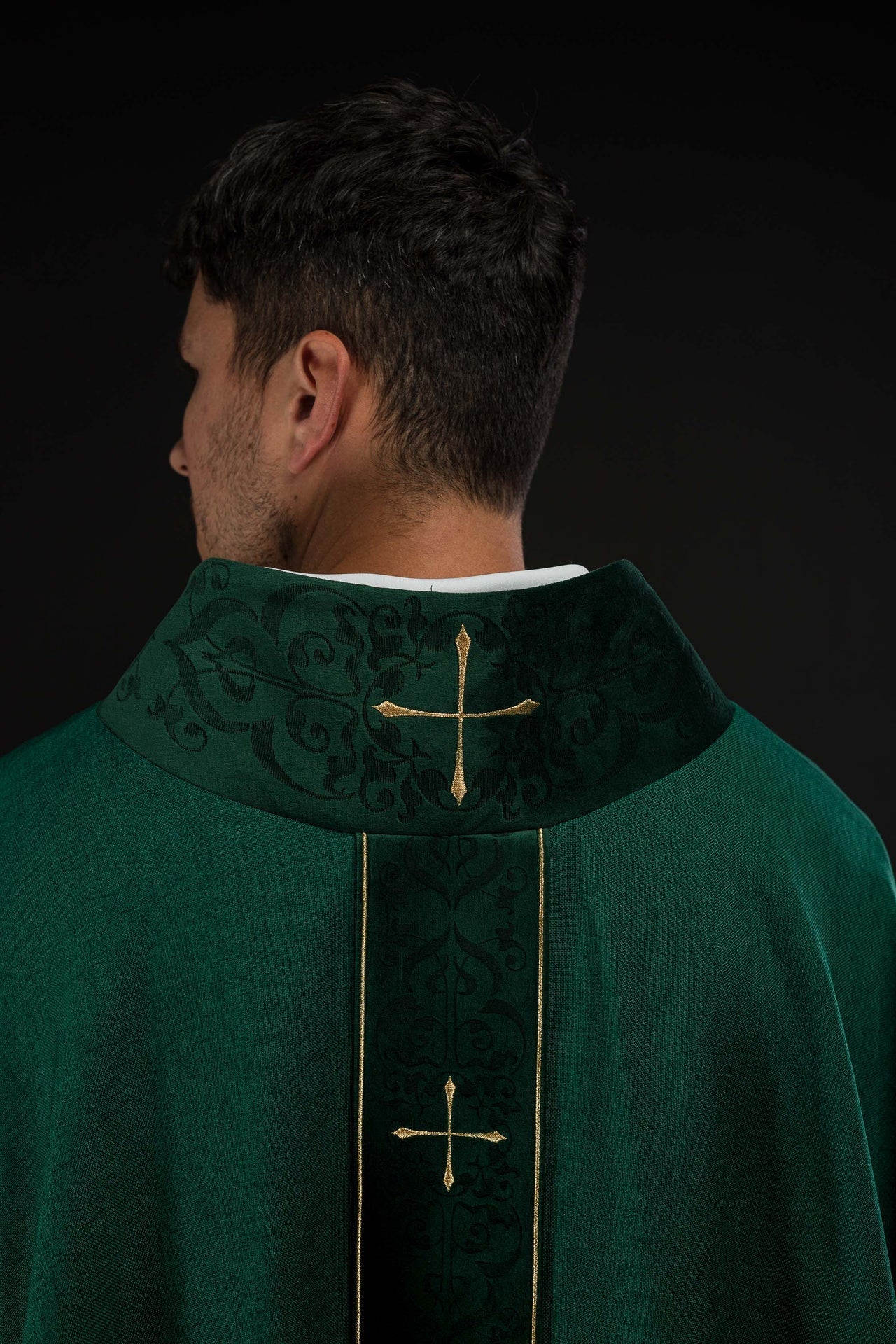 Green Chasuble with Embroidered Cross Band and Collar LE/7073/01 - CHASUBLES.COM
