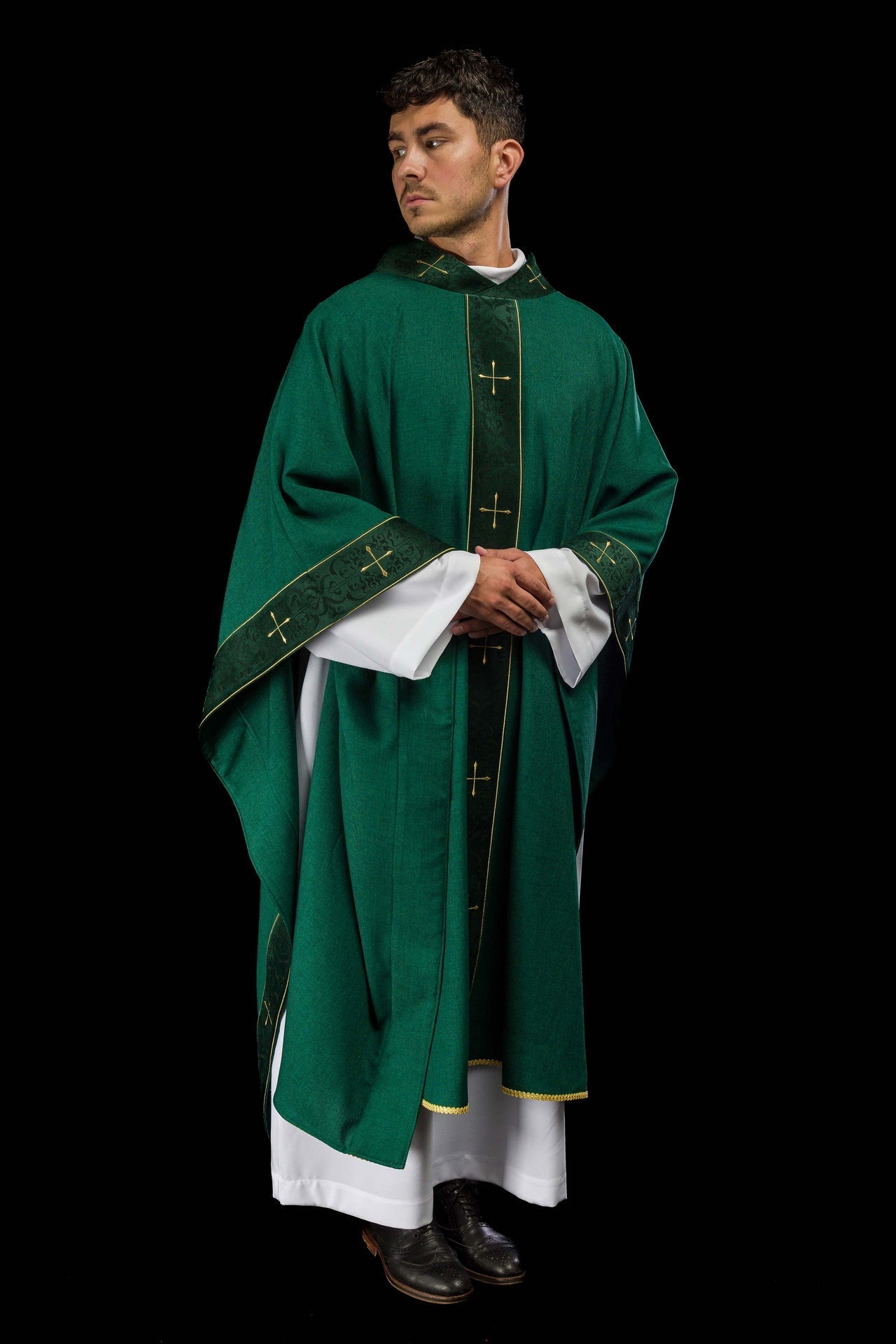 Green Chasuble with Embroidered Cross Band and Collar LE/7073/01 - CHASUBLES.COM