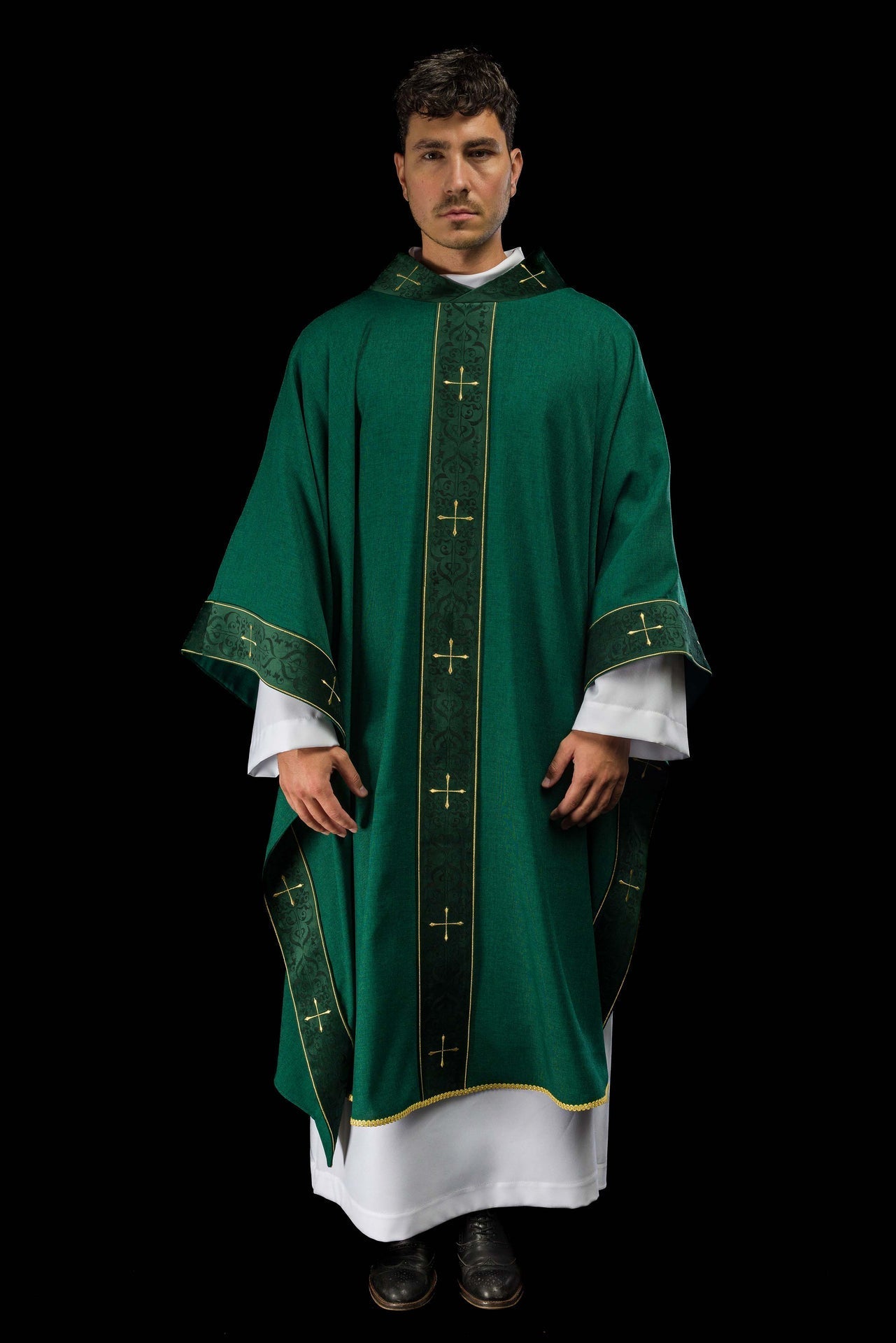 Green Chasuble with Embroidered Cross Band and Collar LE/7073/01 - CHASUBLES.COM