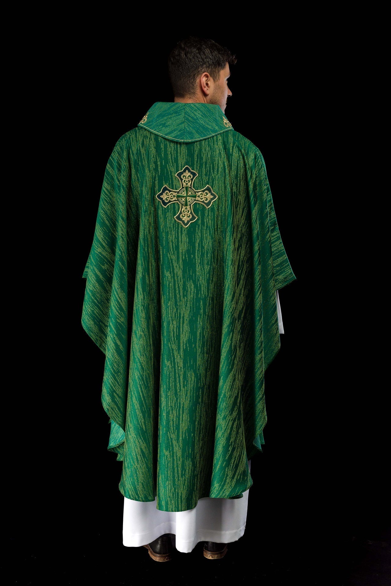 Green Chasuble with Embroidered Cross Motif on Decorative Fabric LE/7036/01 - CHASUBLES.COM