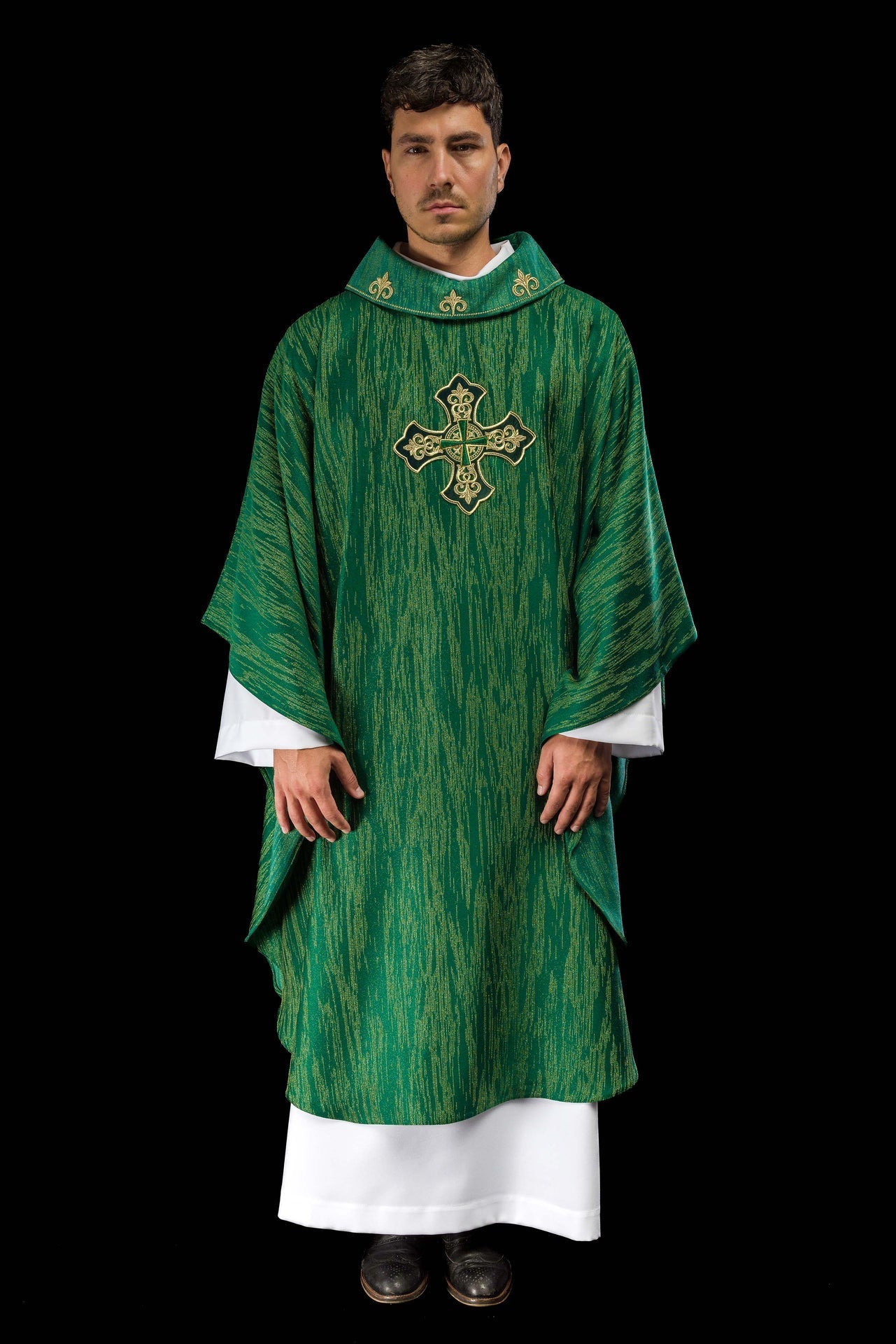 Green Chasuble with Embroidered Cross Motif on Decorative Fabric LE/7036/01 - CHASUBLES.COM