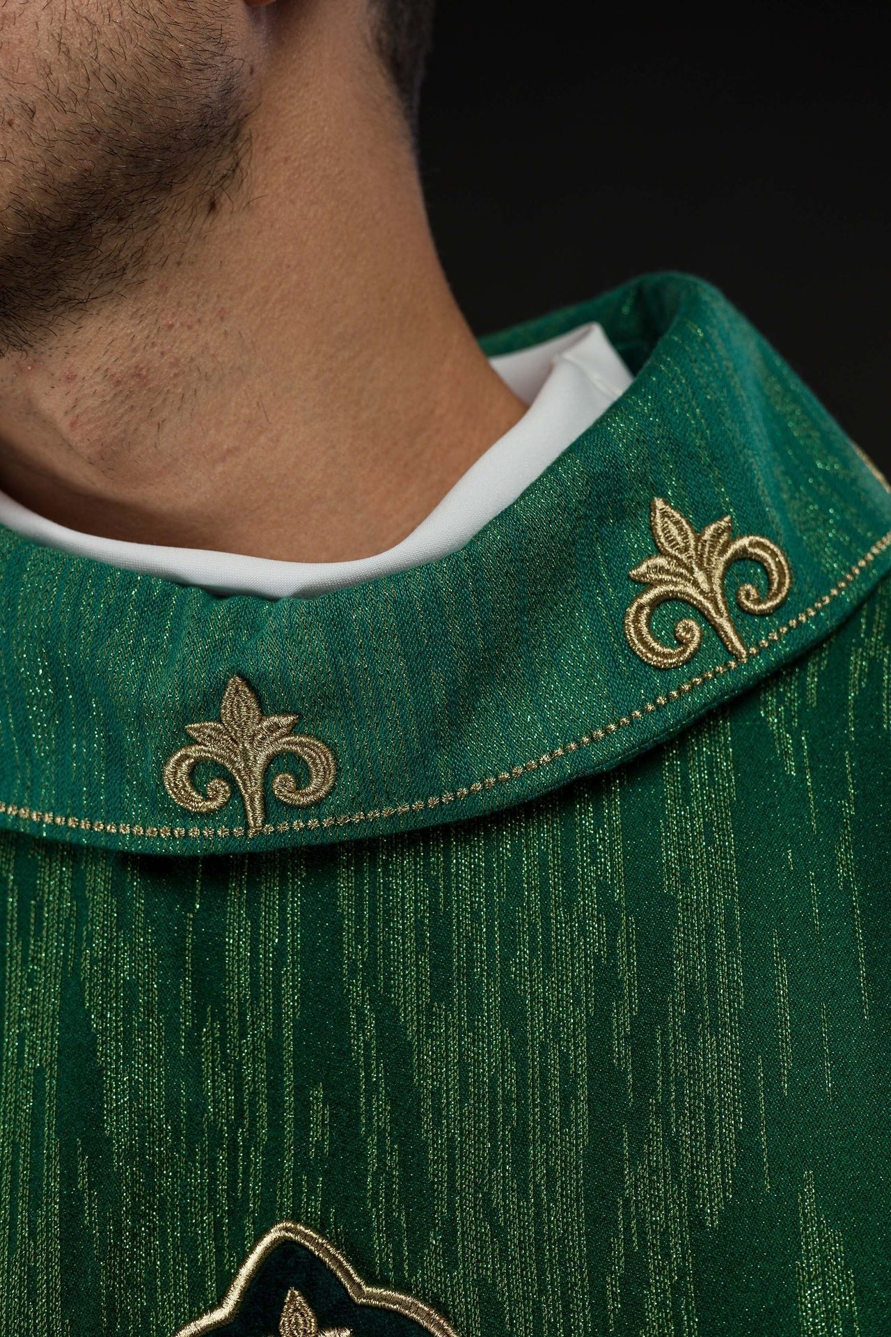 Green Chasuble with Embroidered Cross Motif on Decorative Fabric LE/7036/01 - CHASUBLES.COM